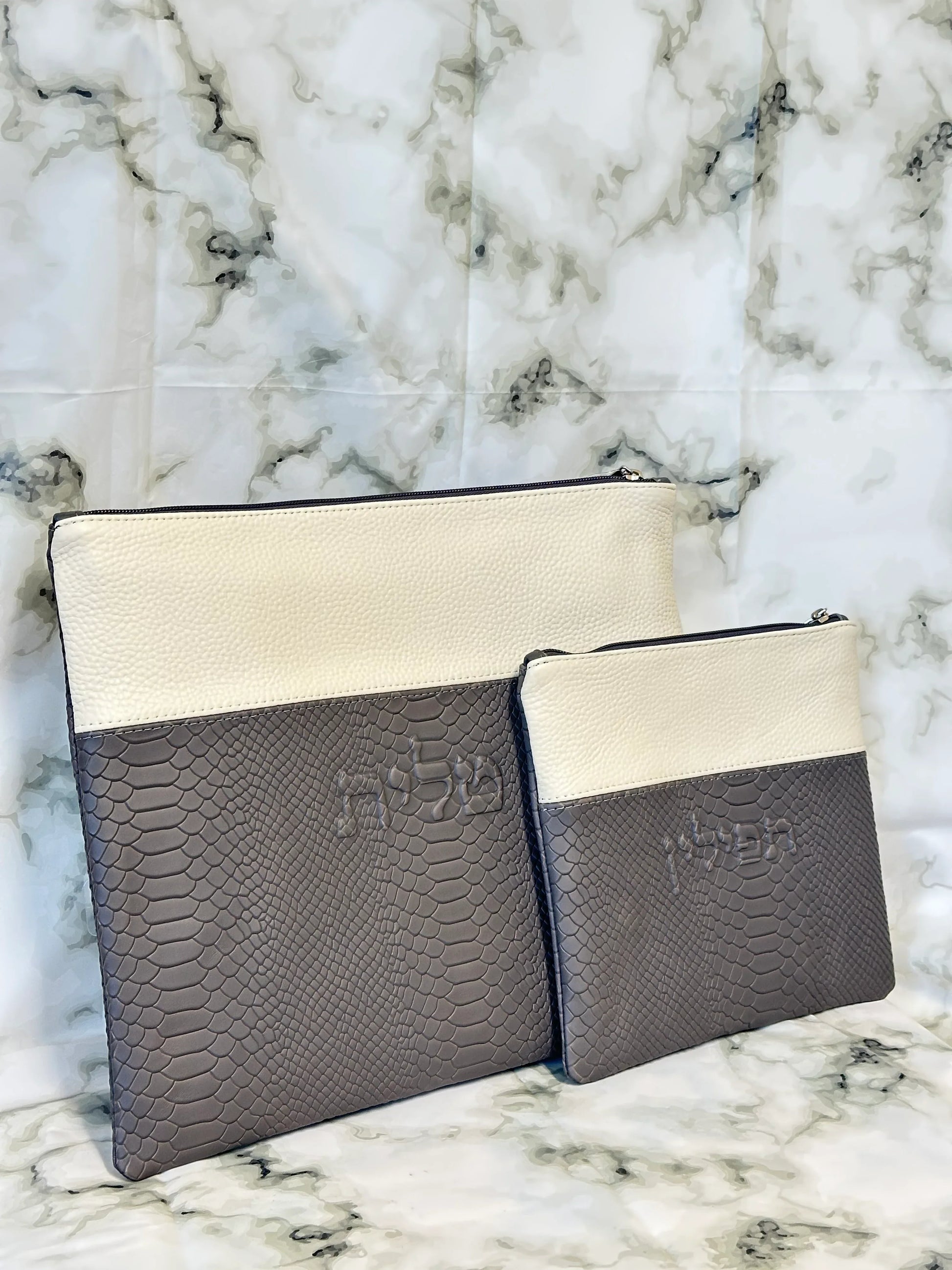 Tallit and Tefillin Bag Set - Genuine Leather Gray Python Embossed with White - Orot Judaica