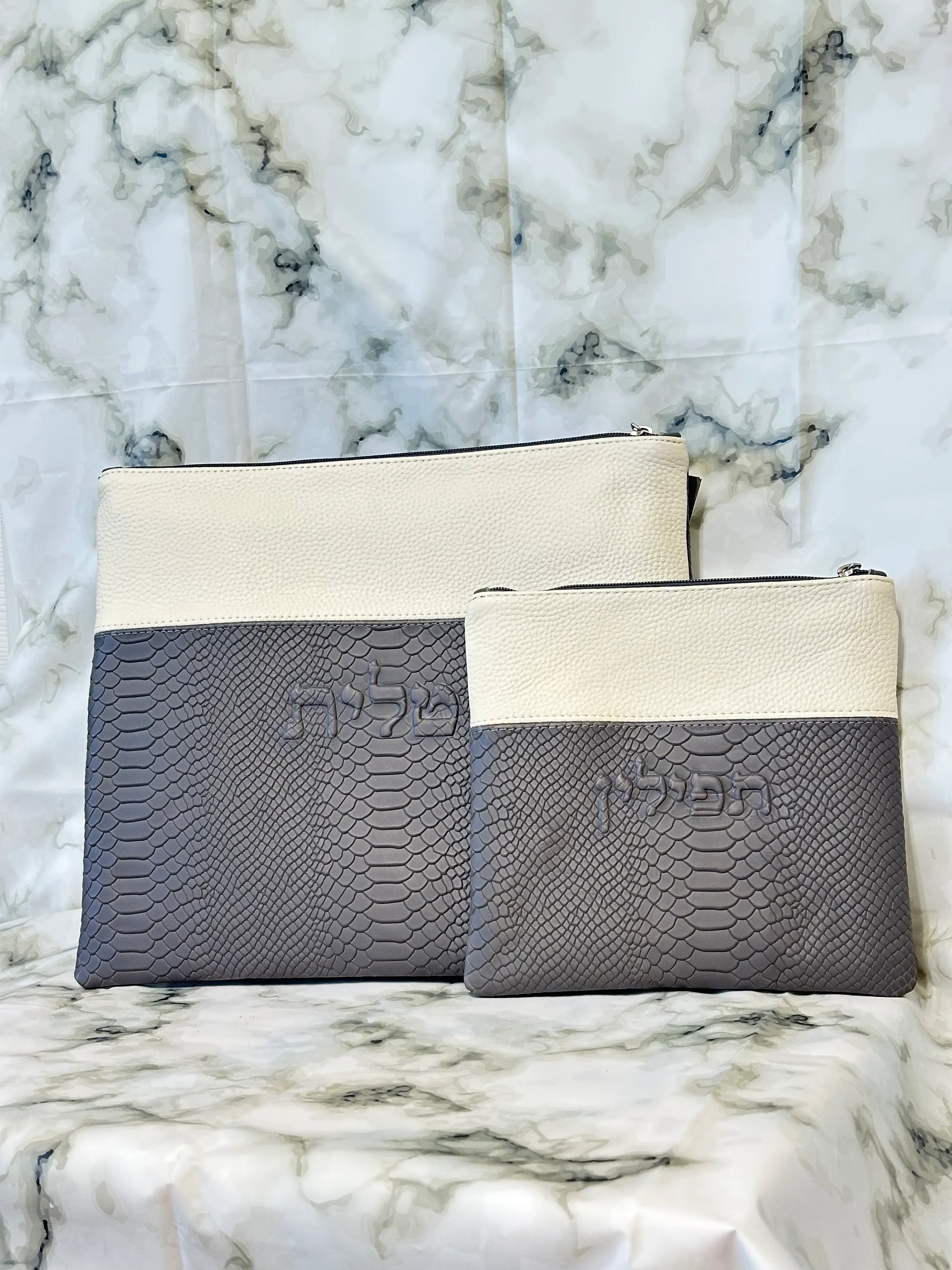 Tallit and Tefillin Bag Set - Genuine Leather Gray Python Embossed with White - Orot Judaica