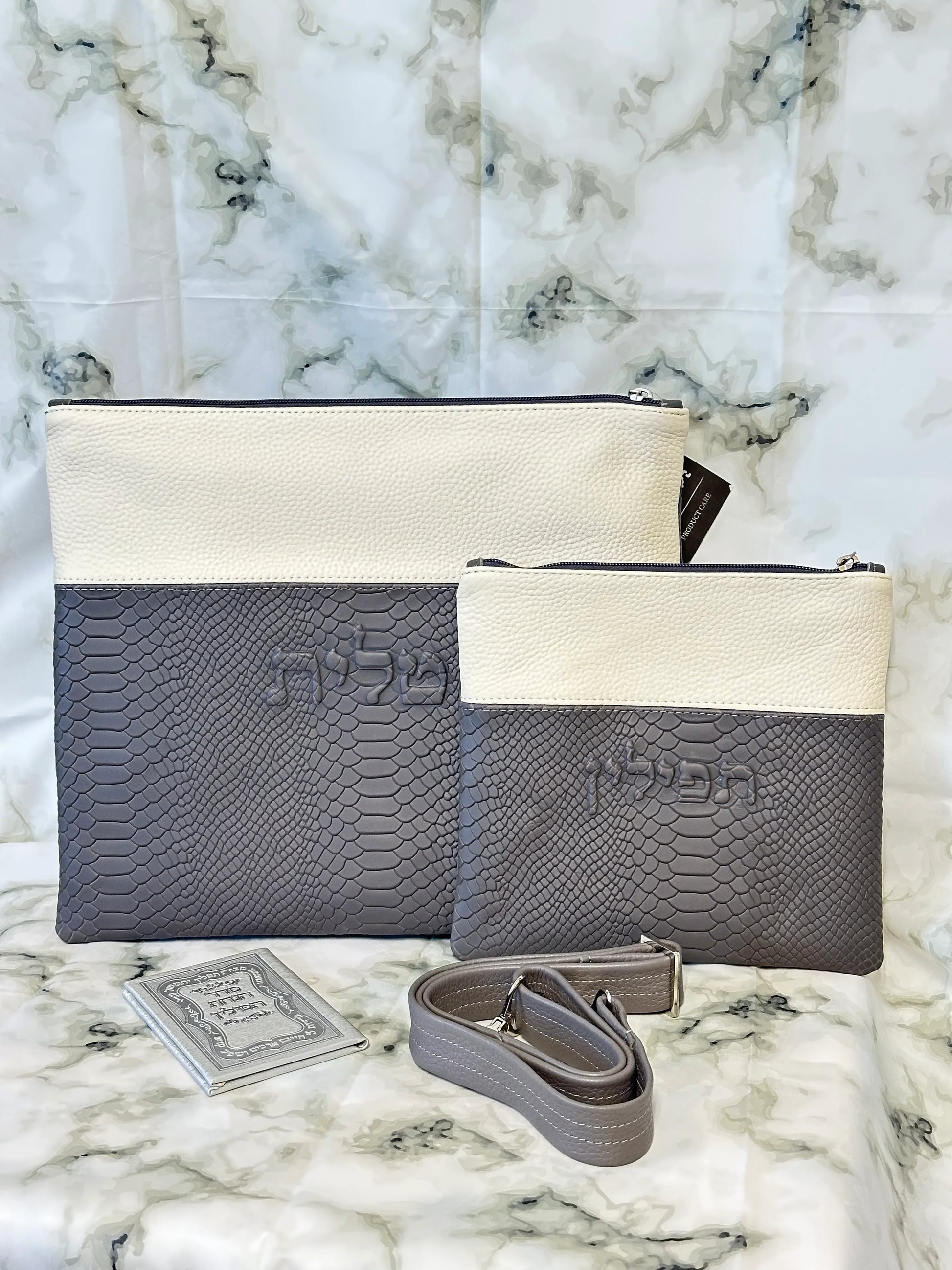 Tallit and Tefillin Bag Set - Genuine Leather Gray Python Embossed with White - Orot Judaica