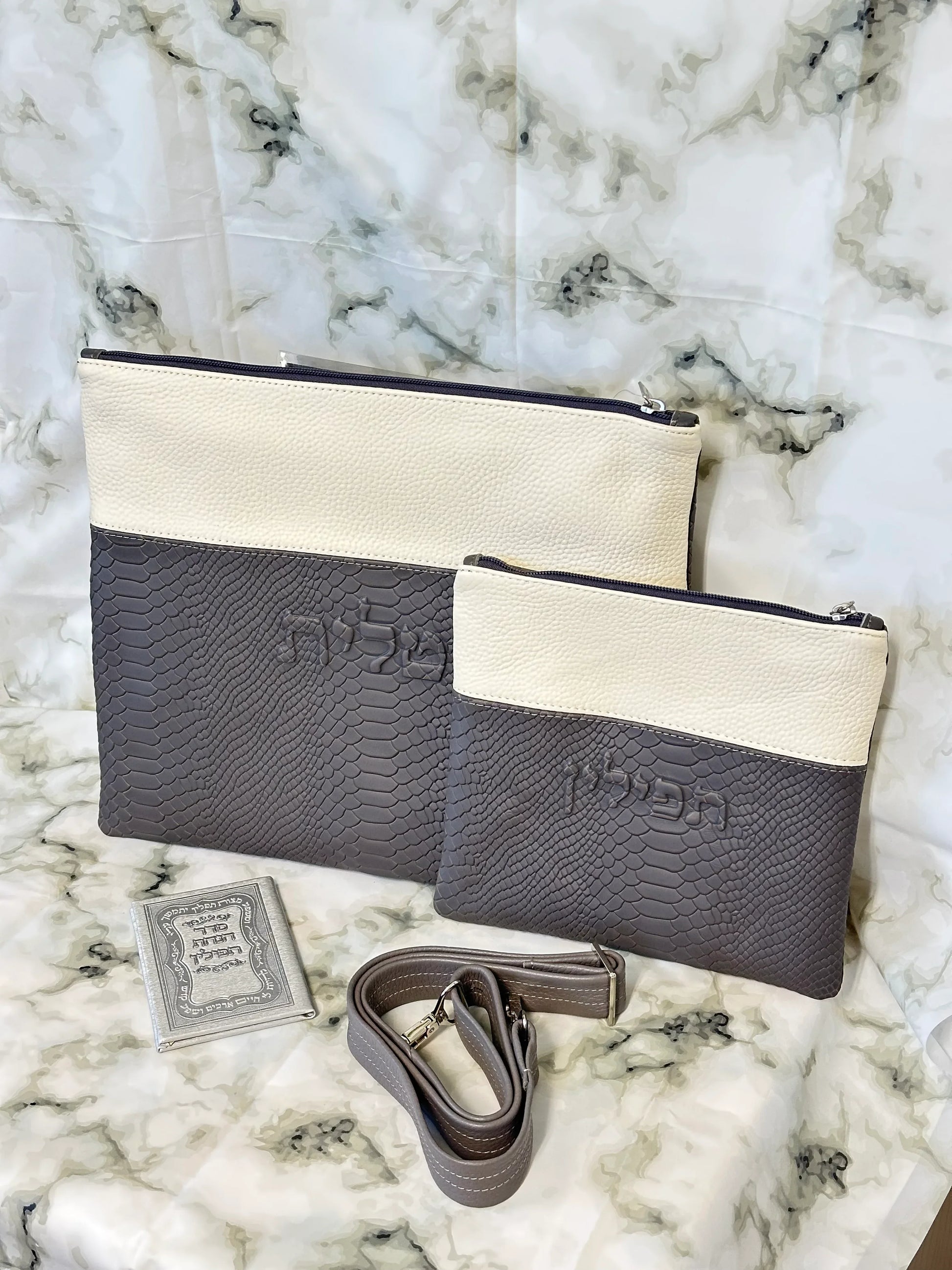 Tallit and Tefillin Bag Set - Genuine Leather Gray Python Embossed with White - Orot Judaica