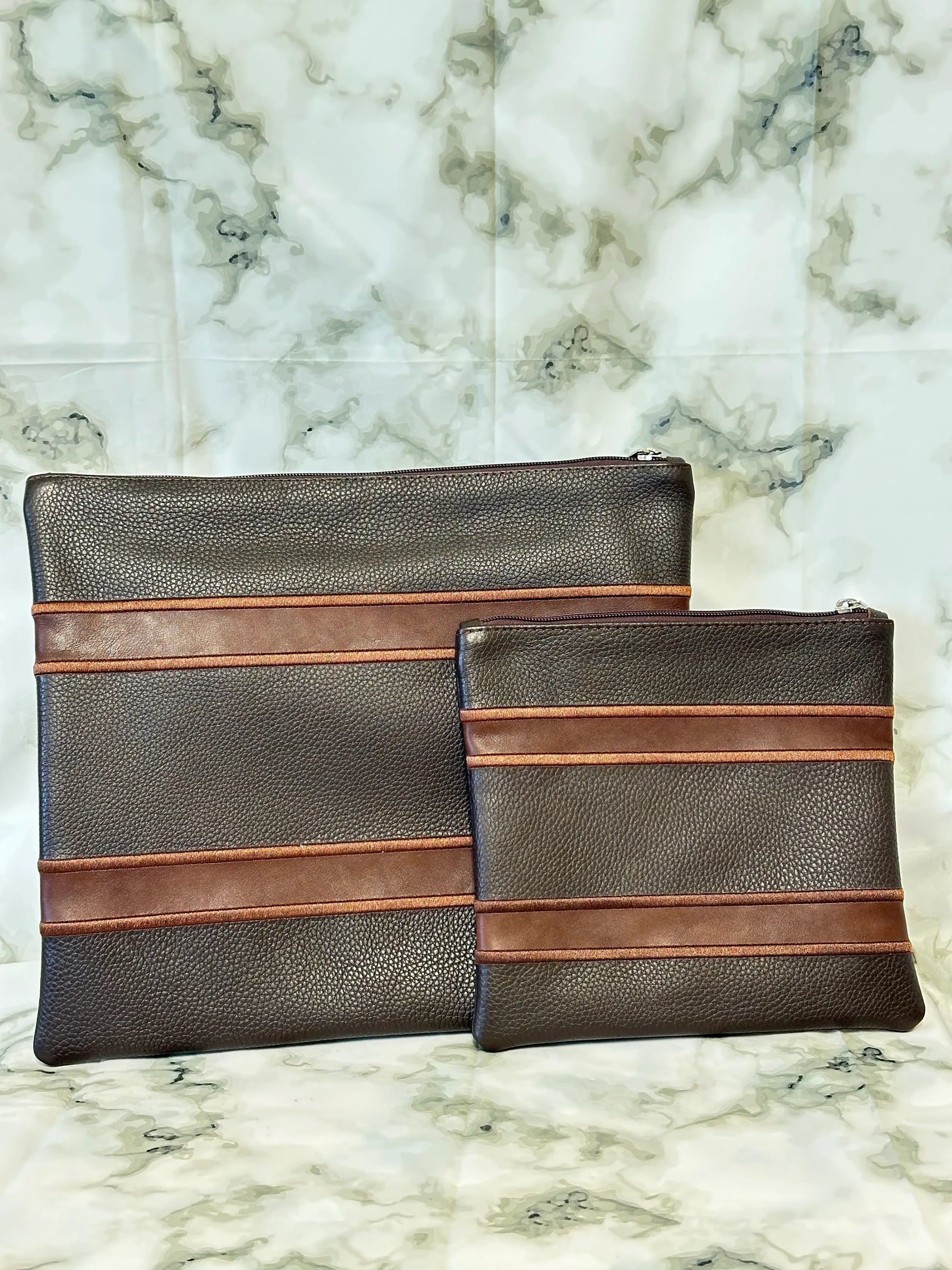 Tallit and Tefillin Bag Set - Genuine Leather Dark Brown with Light Brown Lines - Orot Judaica