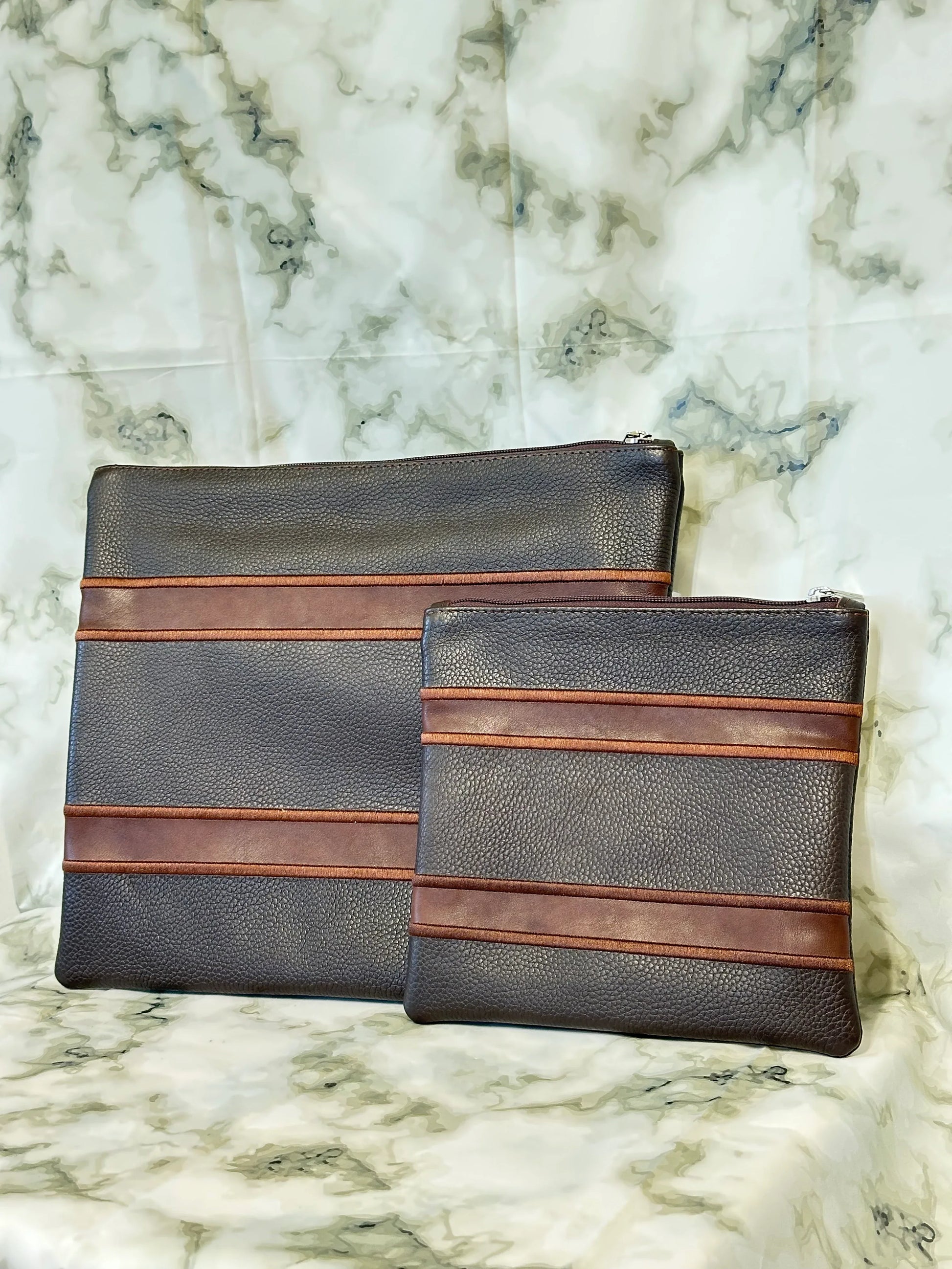 Tallit and Tefillin Bag Set - Genuine Leather Dark Brown with Light Brown Lines - Orot Judaica