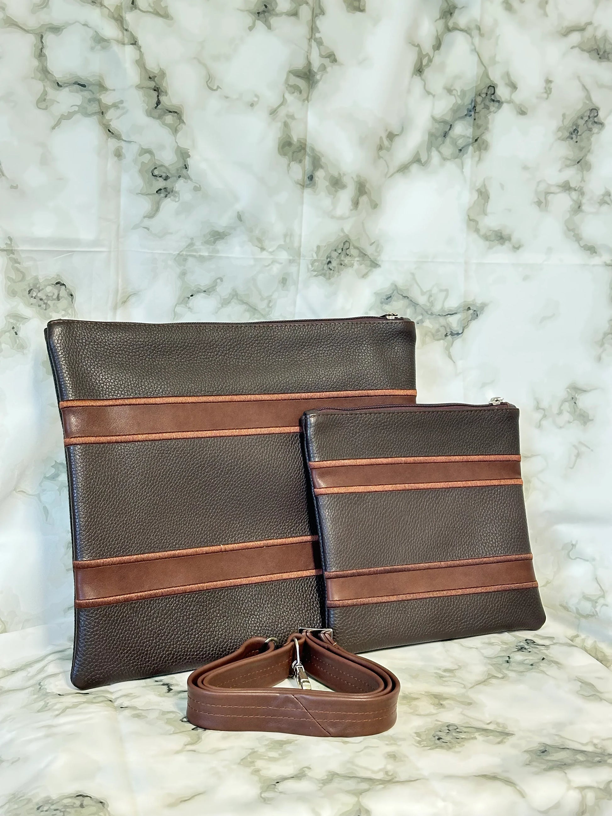 Tallit and Tefillin Bag Set - Genuine Leather Dark Brown with Light Brown Lines - Orot Judaica