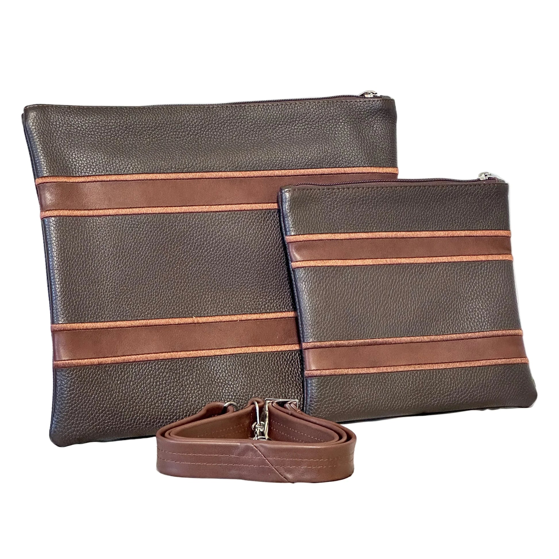 Tallit and Tefillin Bag Set - Genuine Leather Dark Brown with Light Brown Lines - Orot Judaica