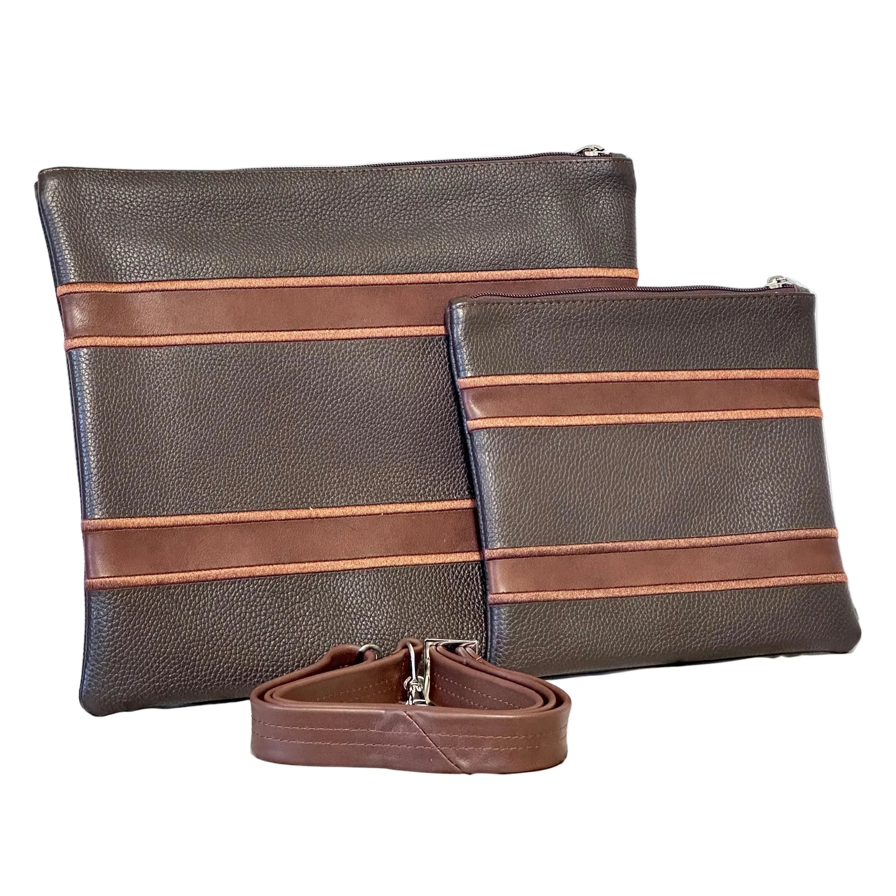 Tallit and Tefillin Bag Set - Genuine Leather Dark Brown with Light Brown Lines - Orot Judaica