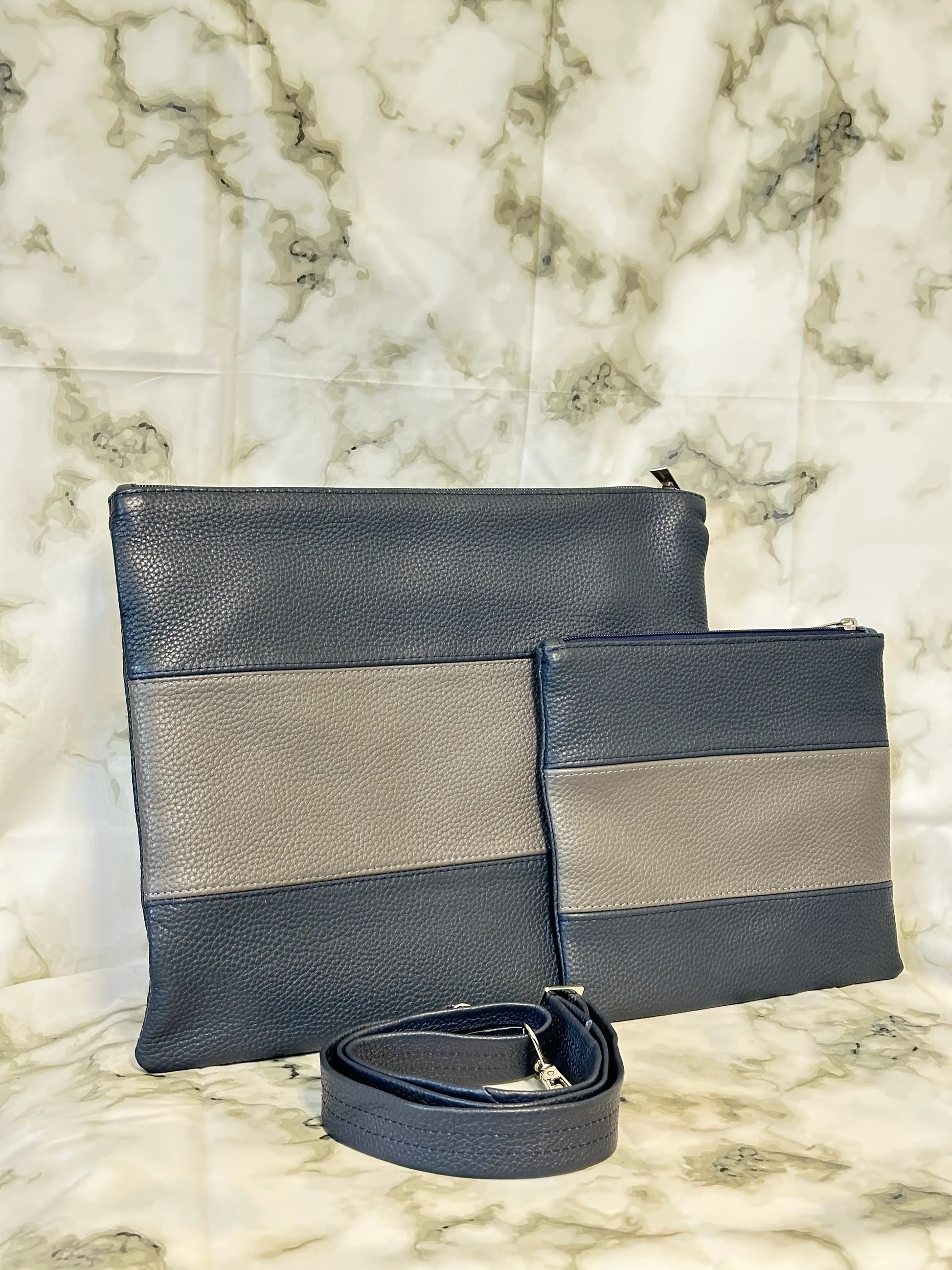 Tallit and Tefillin Bag Set - Genuine Leather Blue and Gray - Orot Judaica