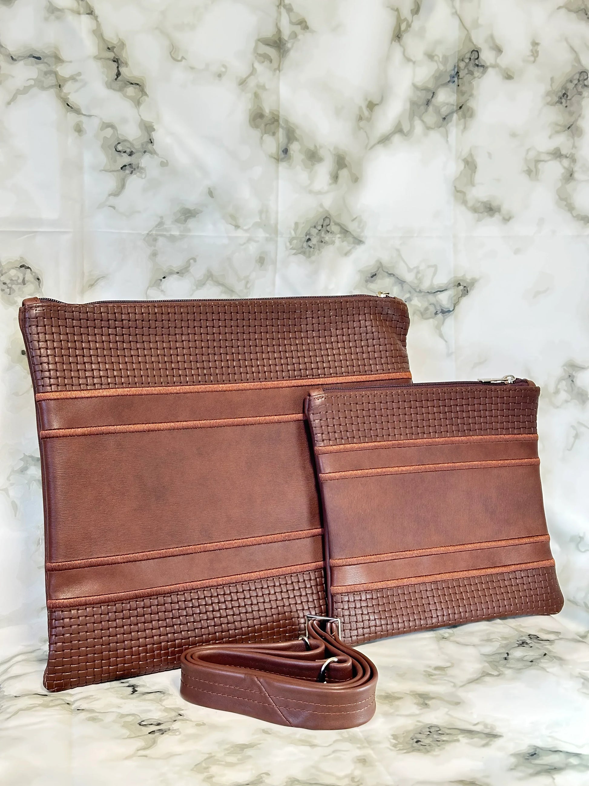 Tallit and Tefillin Bag Set - Genuine Leather Brown Textured and Smooth - Orot Judaica
