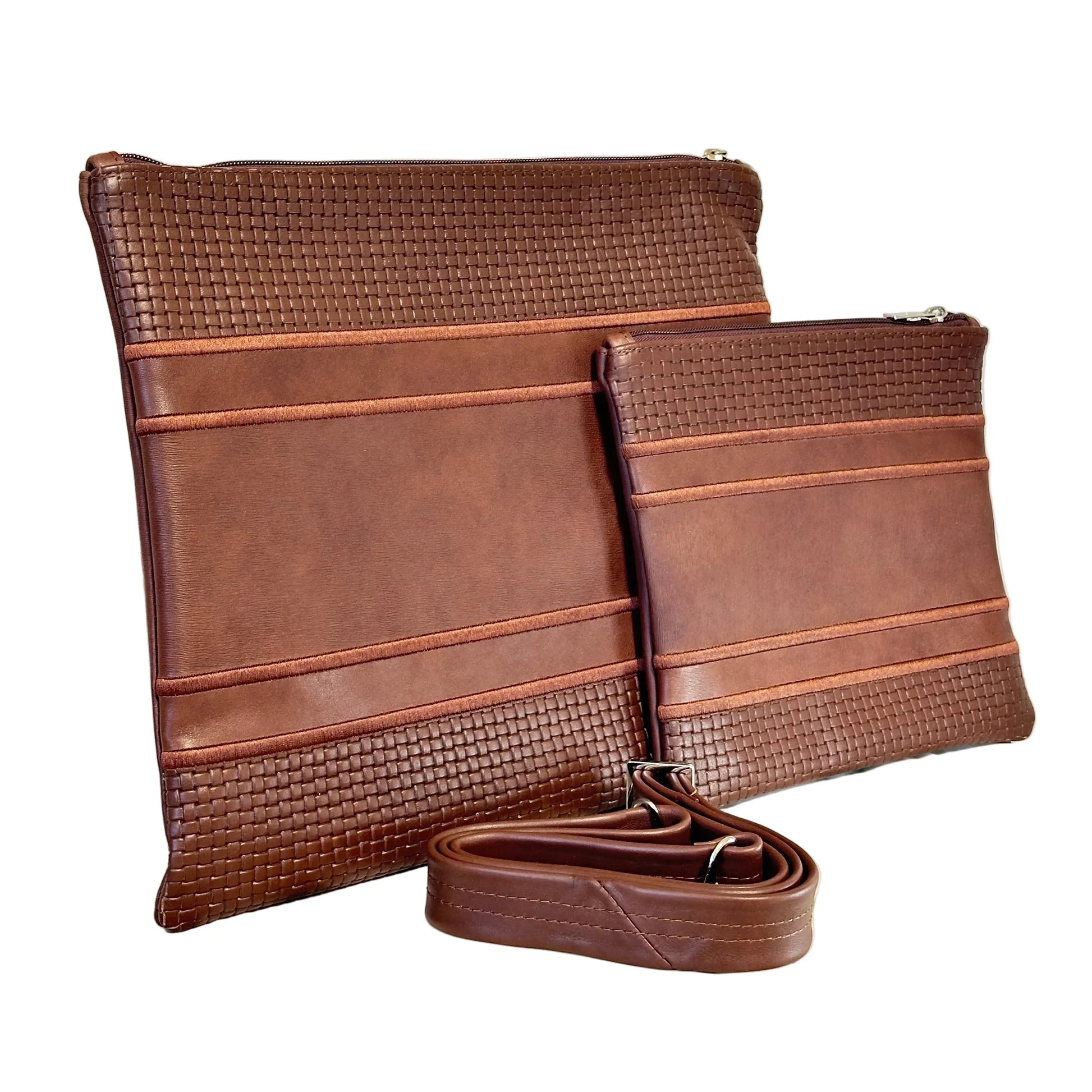 Tallit and Tefillin Bag Set - Genuine Leather Brown Textured and Smooth - Orot Judaica