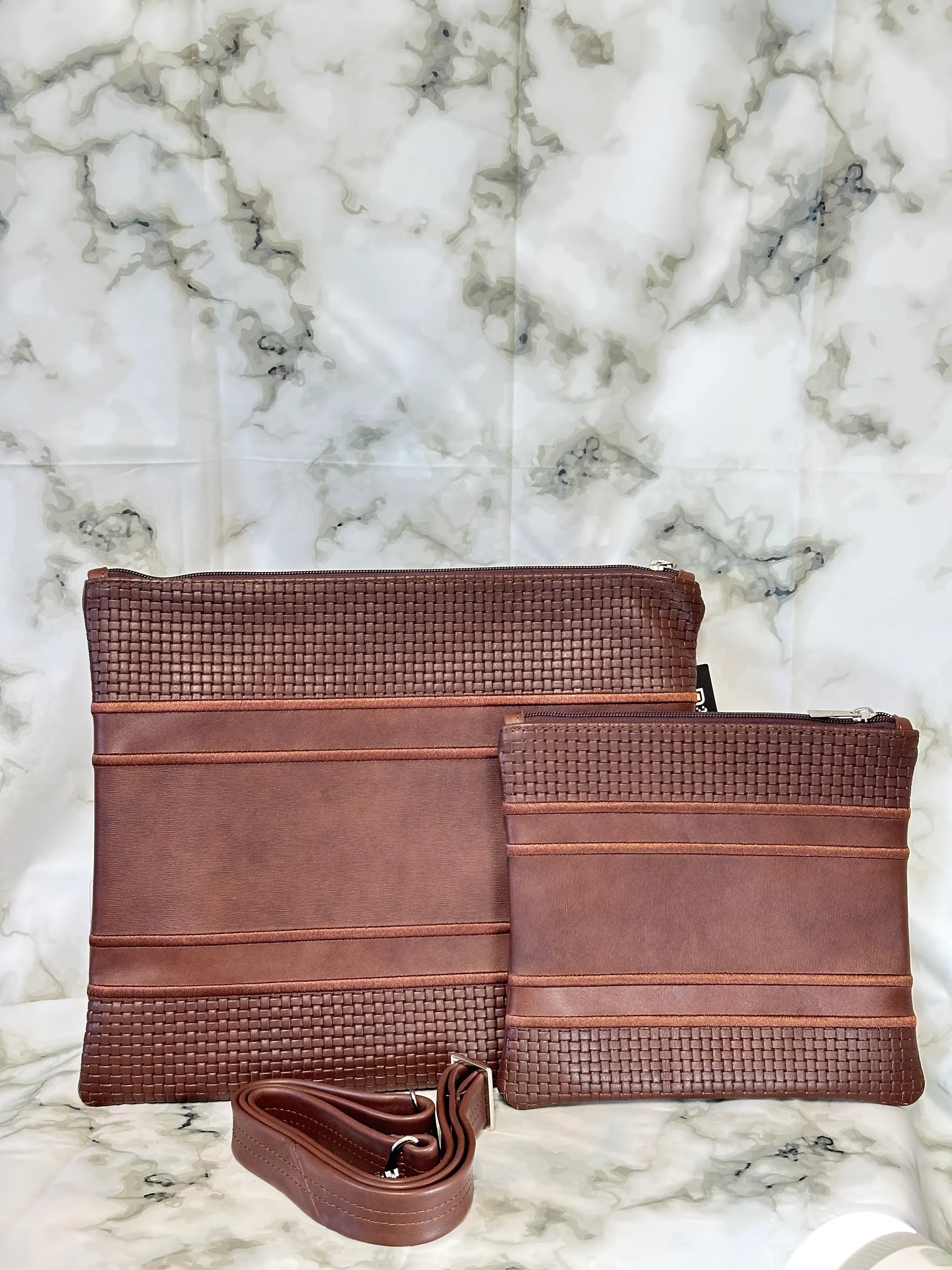 Tallit and Tefillin Bag Set - Genuine Leather Brown Textured and Smooth - Orot Judaica
