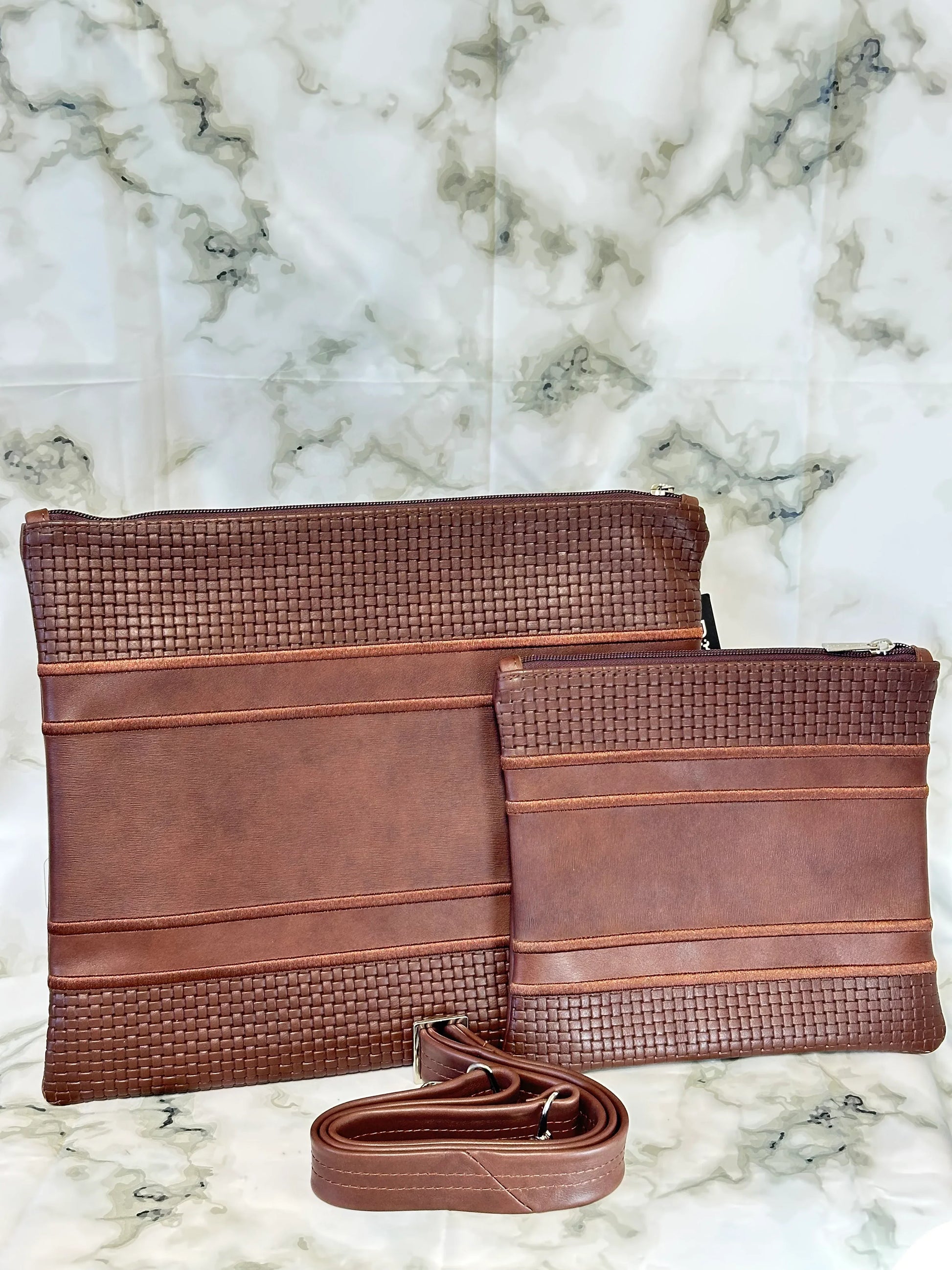 Tallit and Tefillin Bag Set - Genuine Leather Brown Textured and Smooth - Orot Judaica