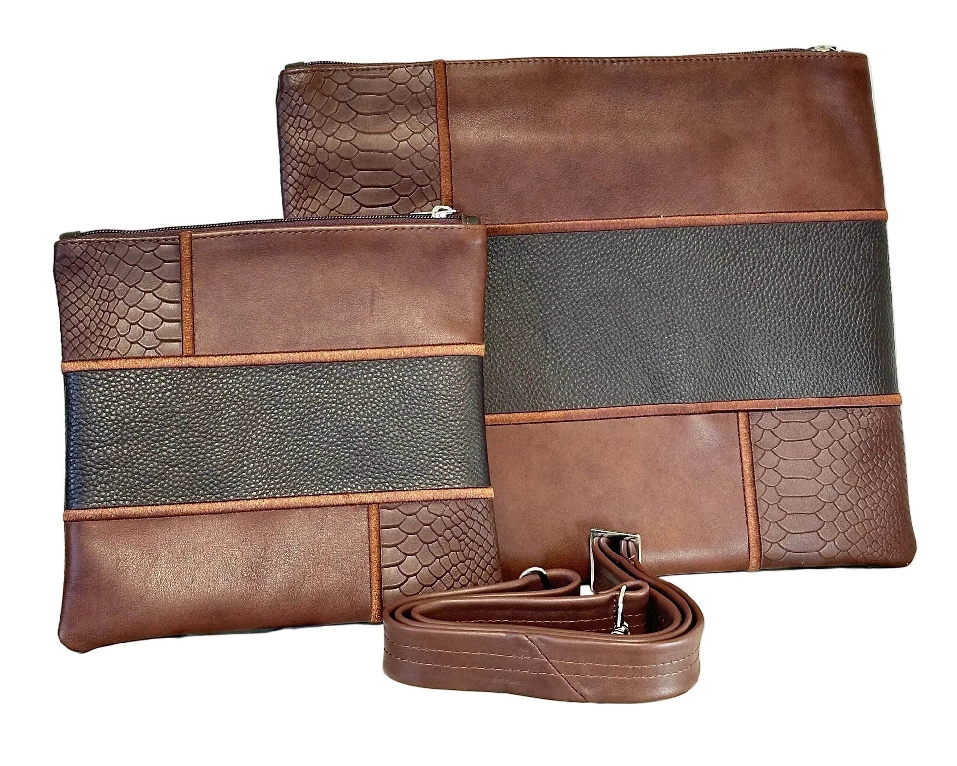 Tallit and Tefillin Bag Set - Genuine Leather Brown with Black and Python Embossed - Orot Judaica