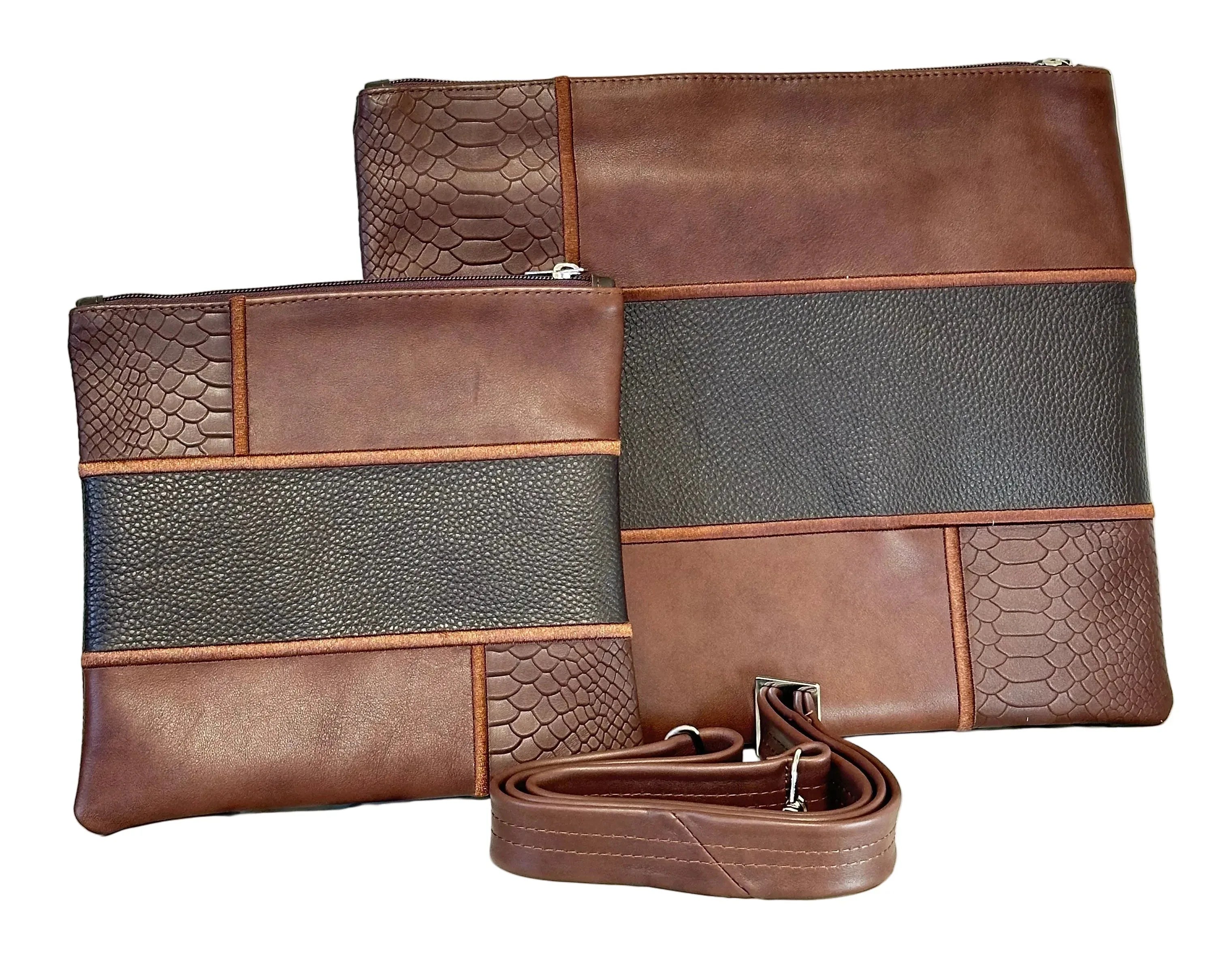 Tallit and Tefillin Bag Set - Genuine Leather Brown with Black and Python Embossed - Orot Judaica