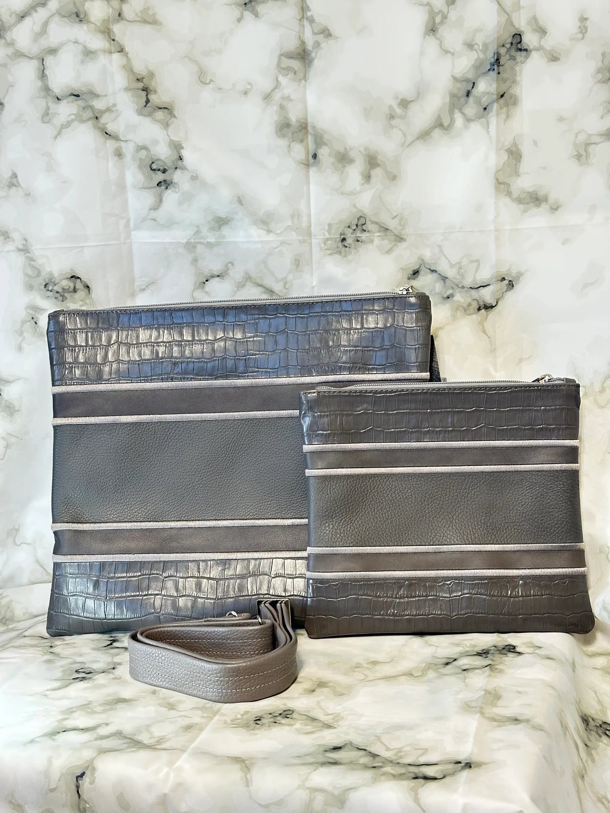 Tallit and Tefillin Bag Set - Genuine Leather Gray Crocodile with Smooth Lines - Orot Judaica