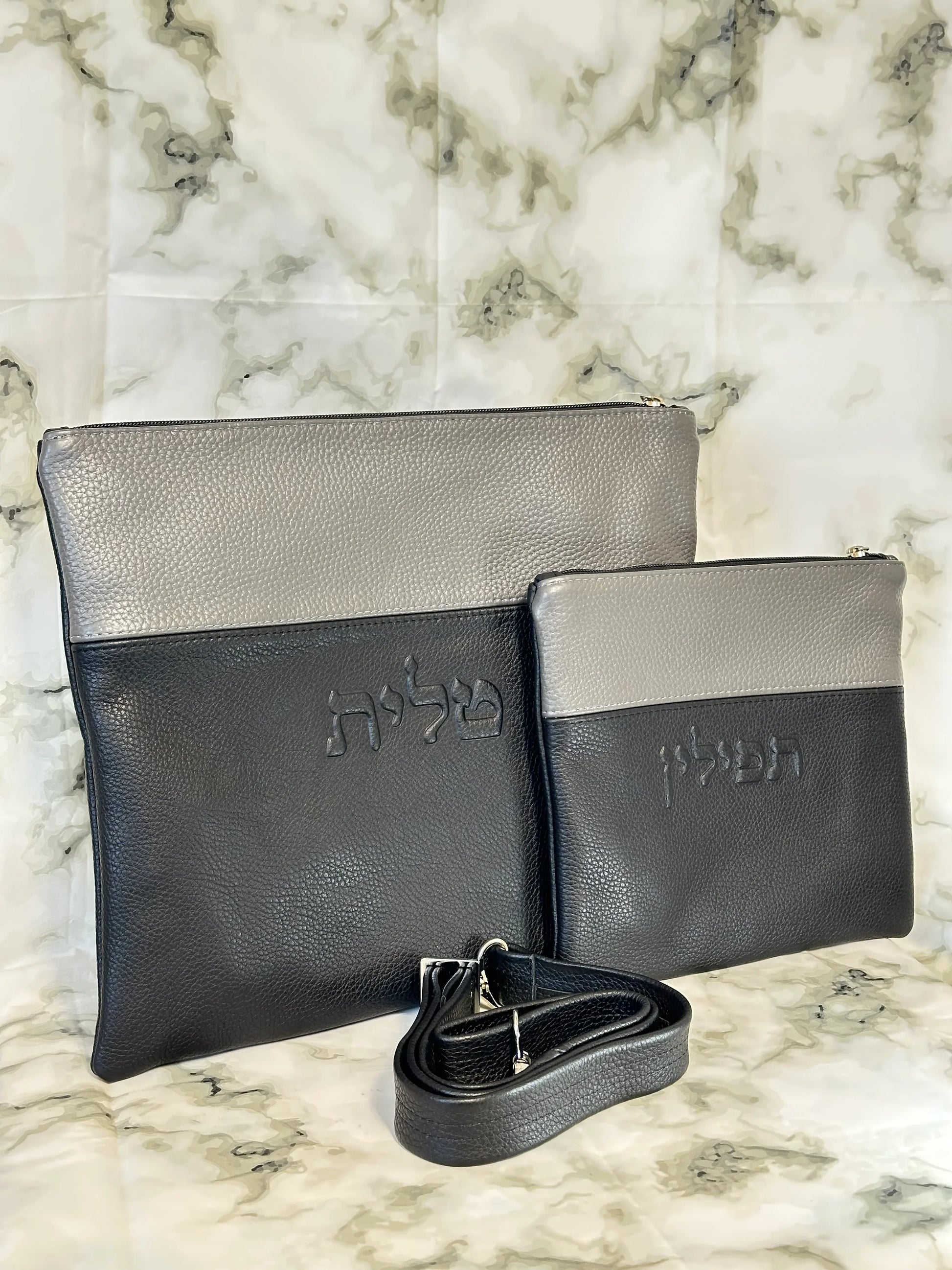 Tallit and Tefillin Bag Set - Genuine Leather Black and Gray - Orot Judaica