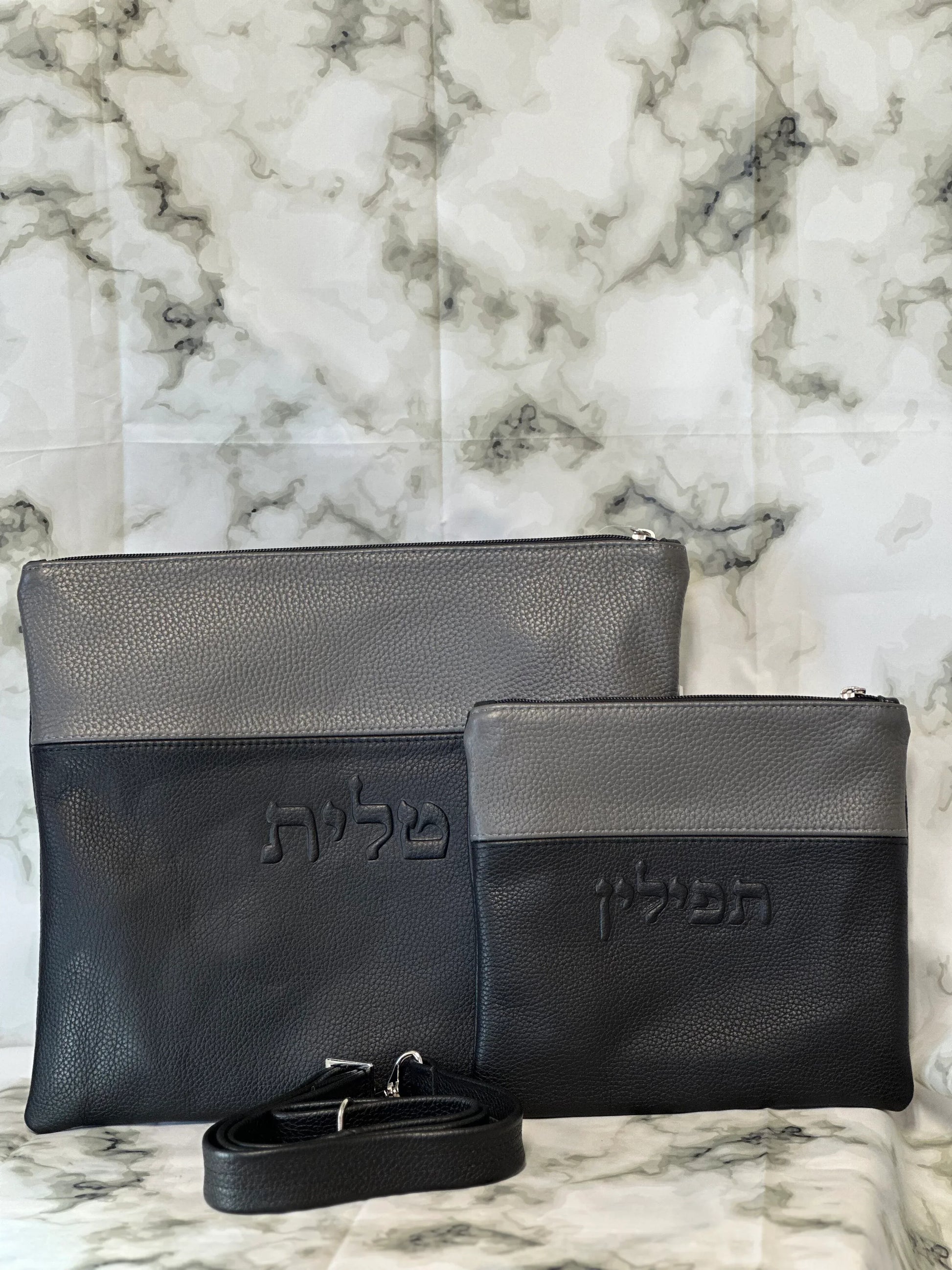 Tallit and Tefillin Bag Set - Genuine Leather Black and Gray - Orot Judaica