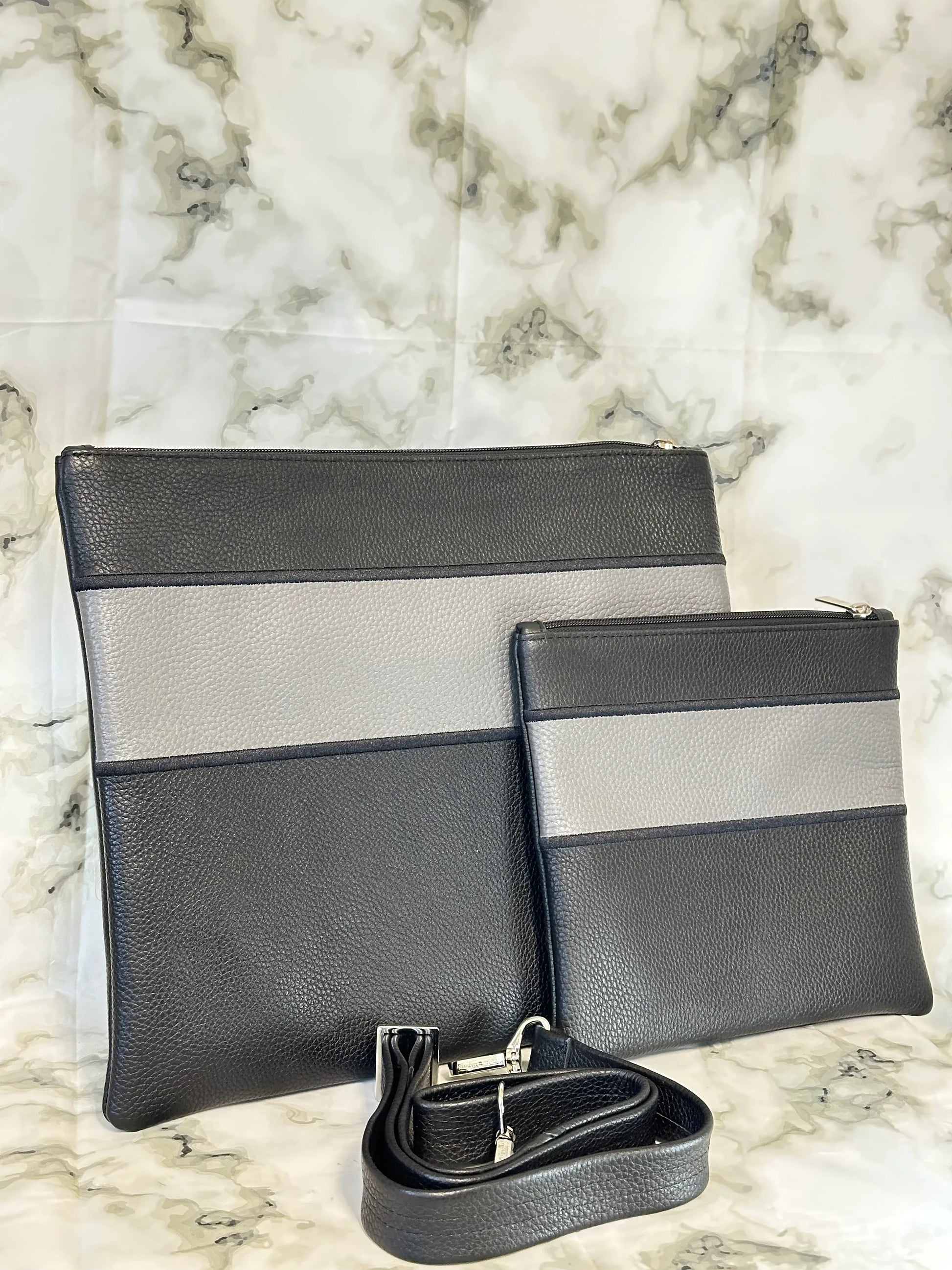 Tallit and Tefillin Bag Set - Genuine Leather Black with Gray Stripe - Orot Judaica