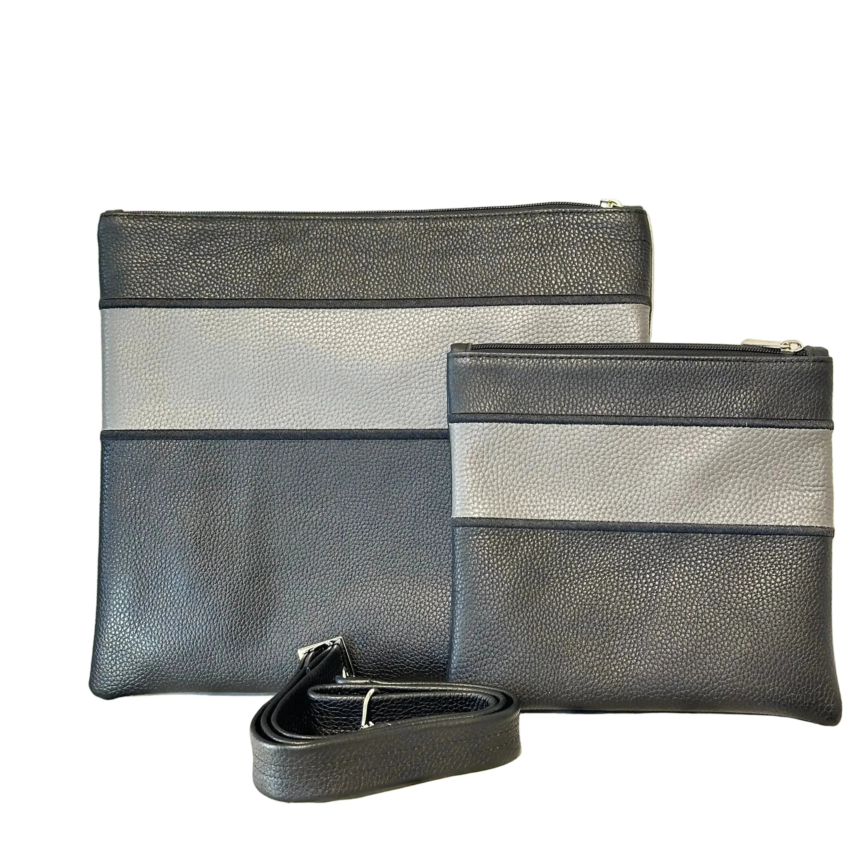 Tallit and Tefillin Bag Set - Genuine Leather Black with Gray Stripe - Orot Judaica