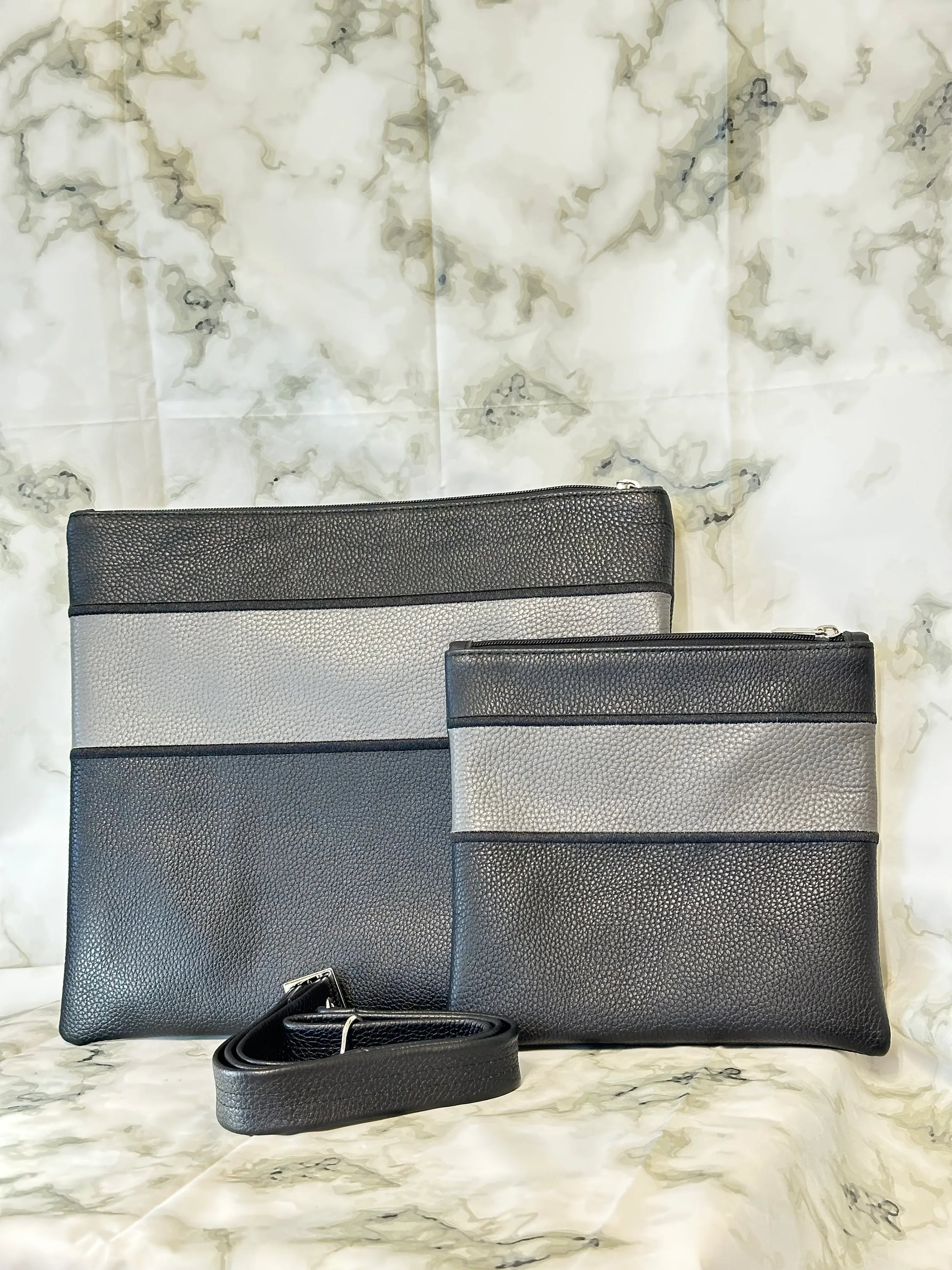 Tallit and Tefillin Bag Set - Genuine Leather Black with Gray Stripe - Orot Judaica