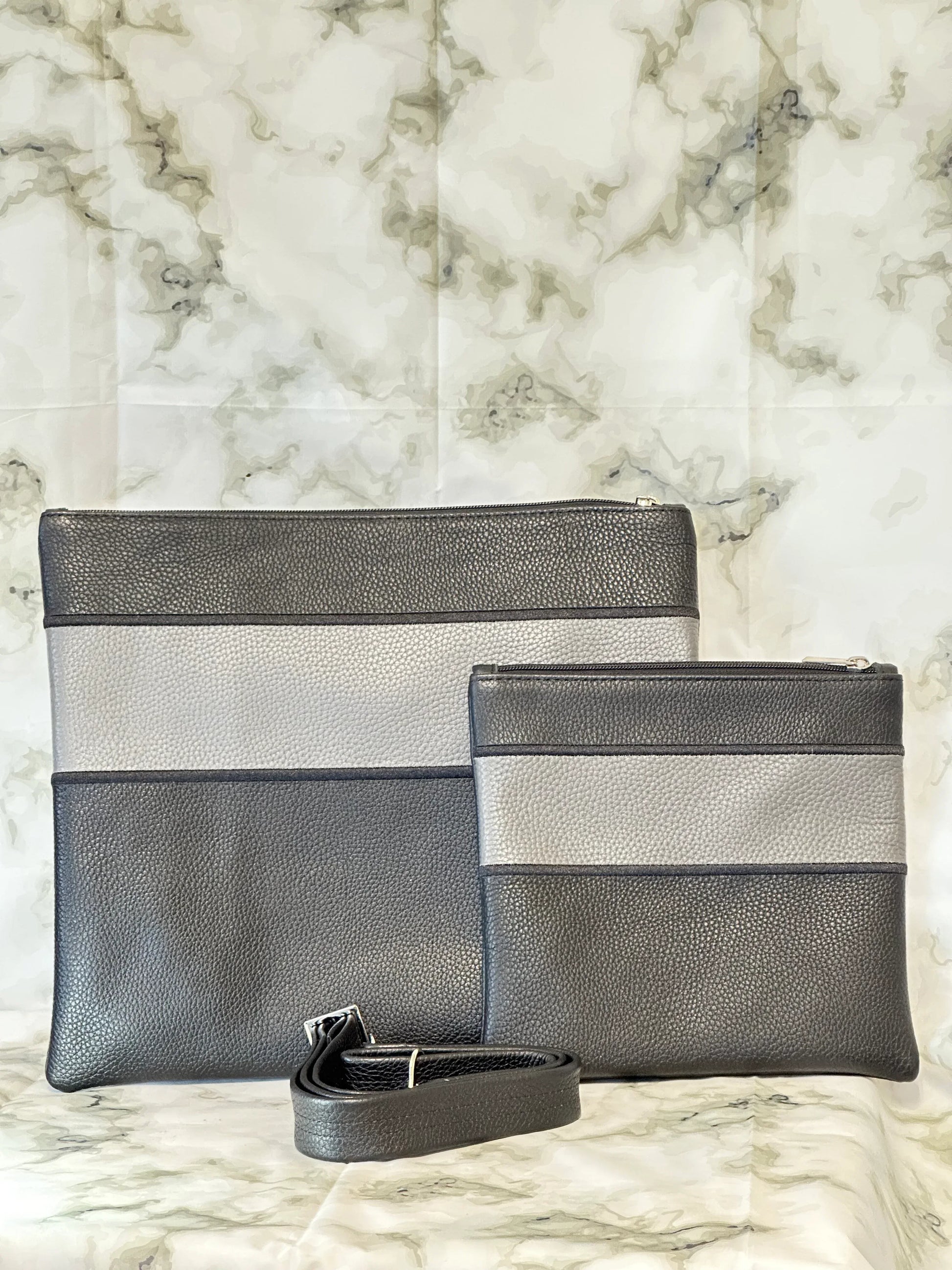 Tallit and Tefillin Bag Set - Genuine Leather Black with Gray Stripe - Orot Judaica