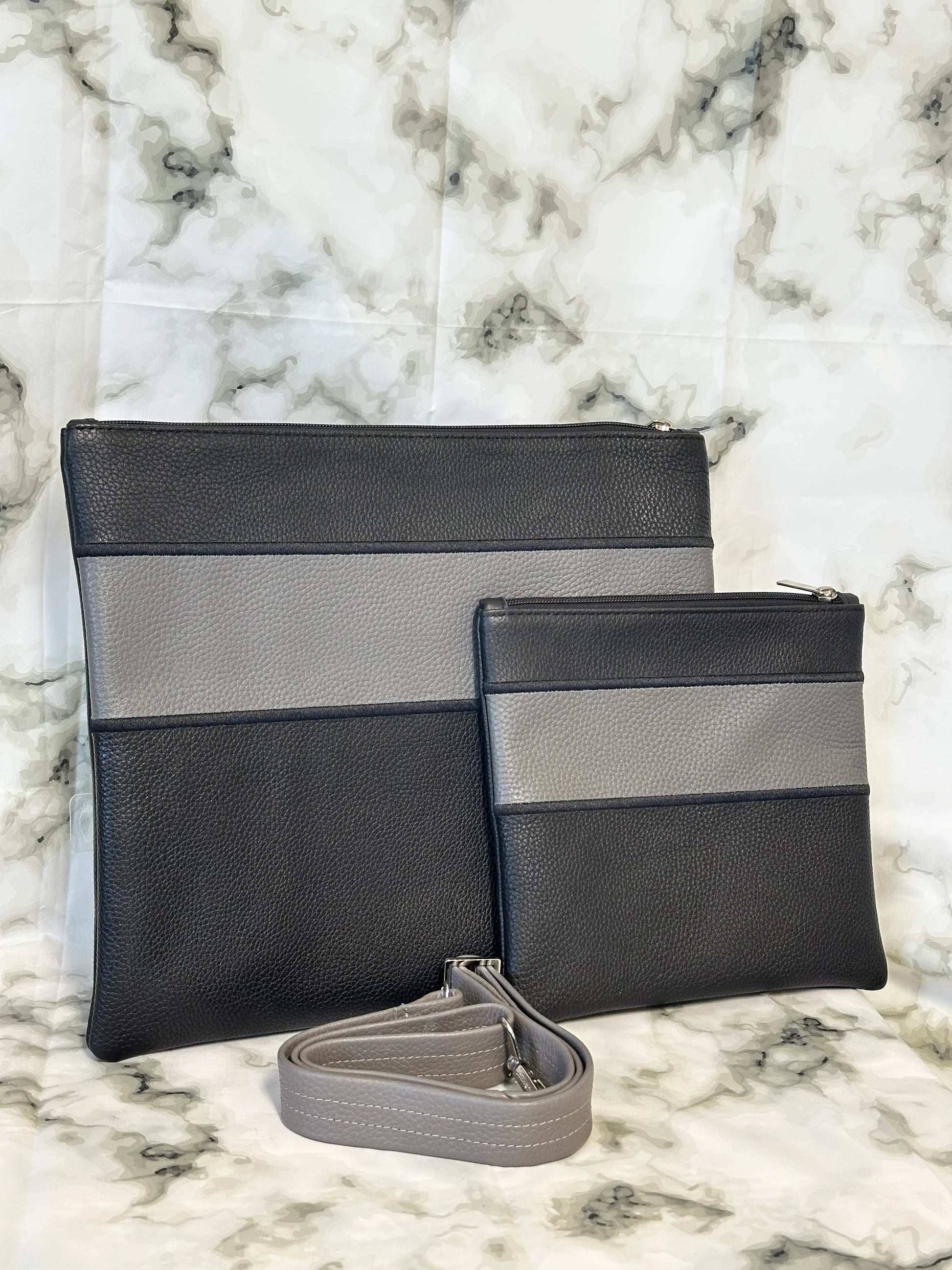 Tallit and Tefillin Bag Set - Genuine Leather Black with Gray Stripe - Orot Judaica