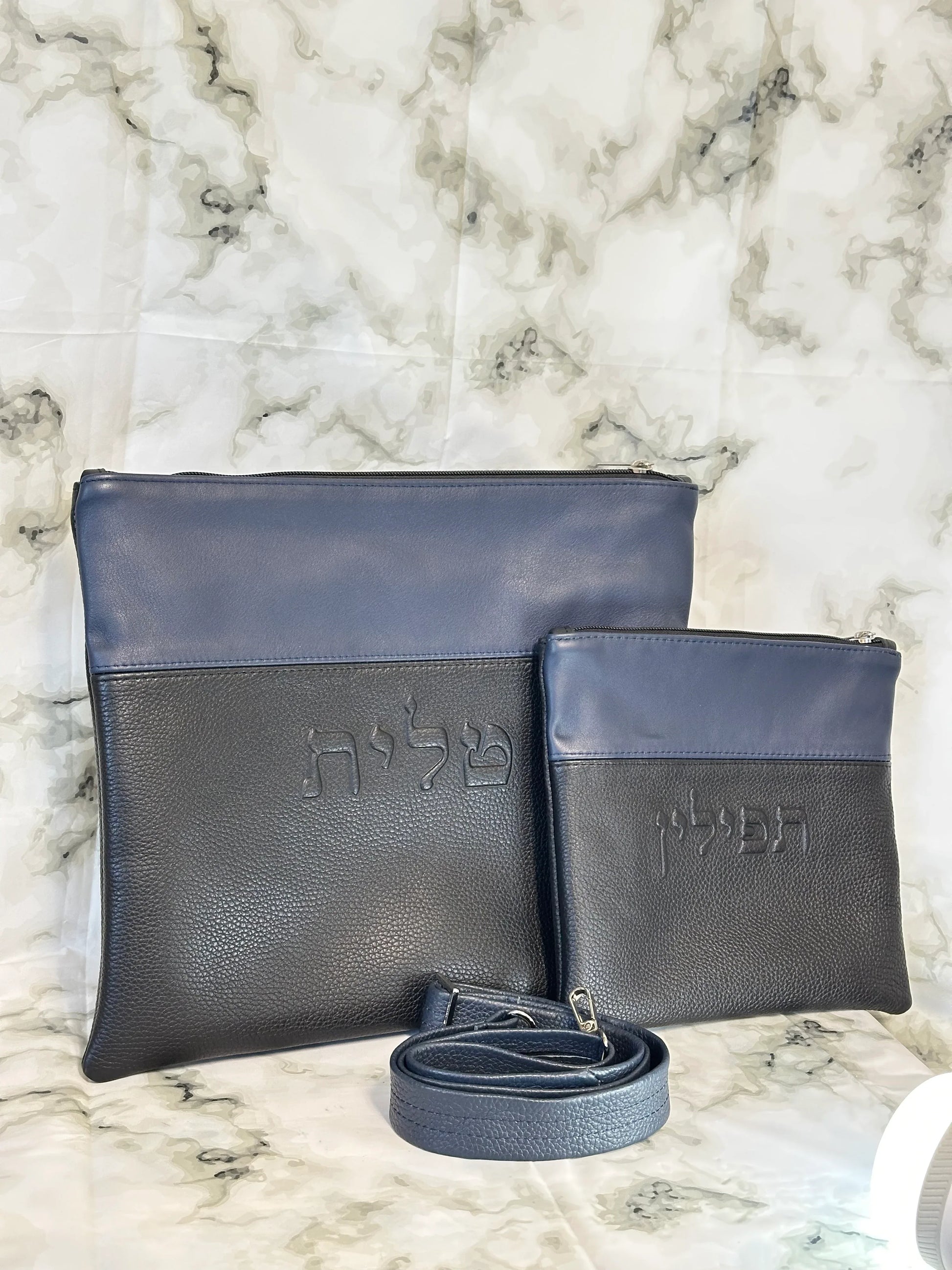 Tallit and Tefillin Bag Set - Genuine Leather Black and Blue - Orot Judaica