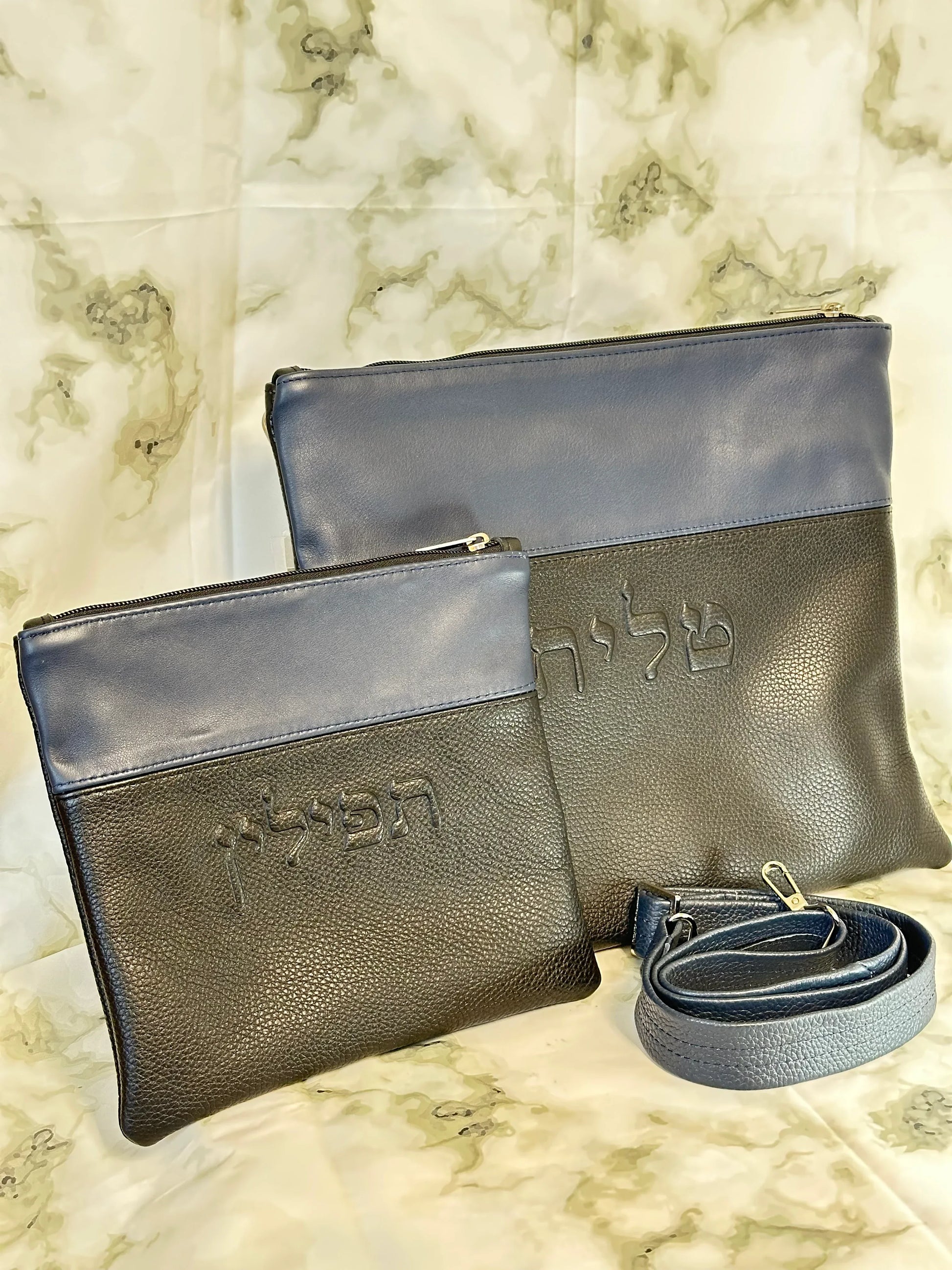 Tallit and Tefillin Bag Set - Genuine Leather Black and Blue - Orot Judaica