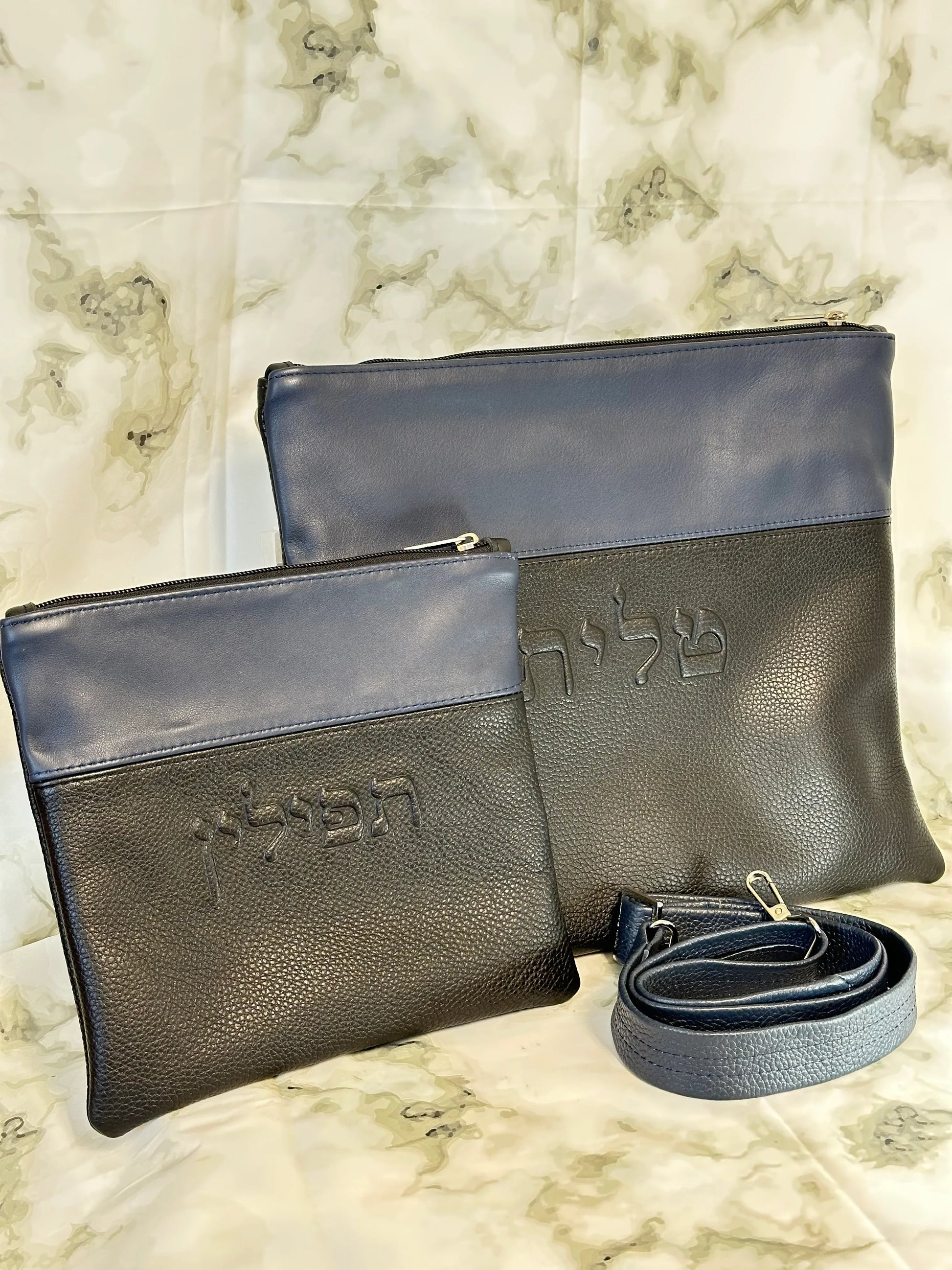Tallit and Tefillin Bag Set - Genuine Leather Black and Blue - Orot Judaica