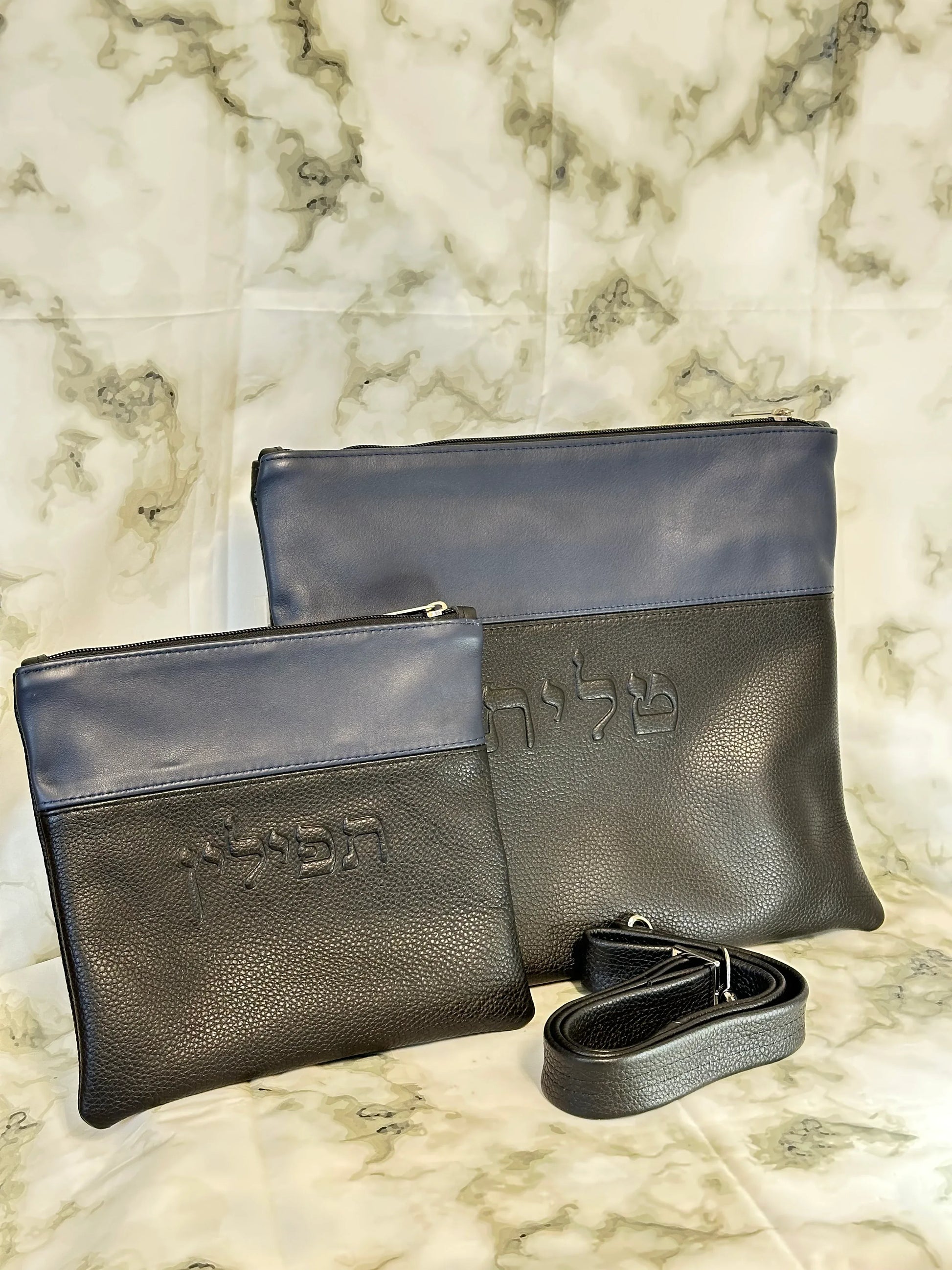 Tallit and Tefillin Bag Set - Genuine Leather Black and Blue - Orot Judaica