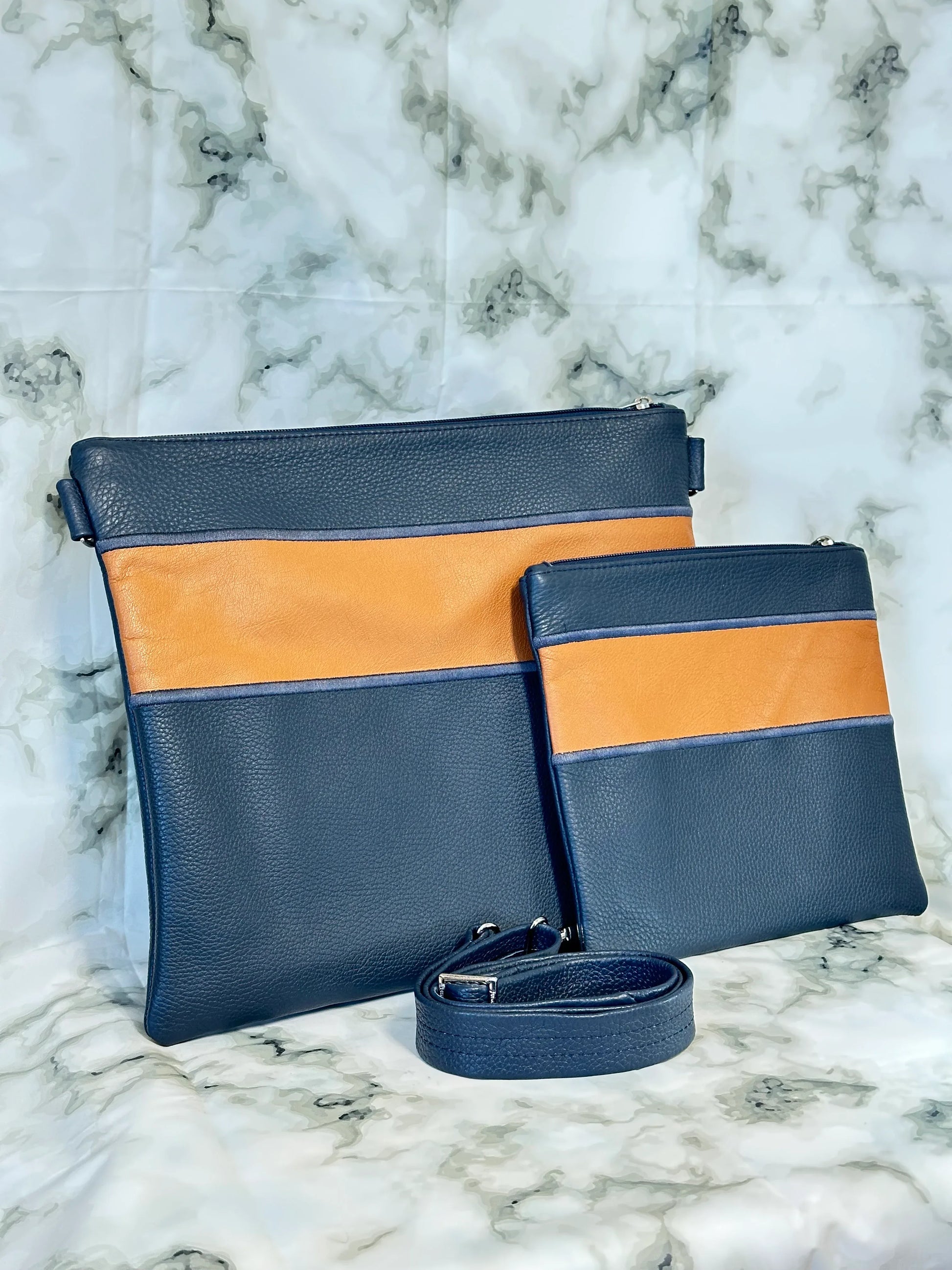 Tallit and Tefillin Bag Set - Genuine Leather Blue and Caramel - Orot Judaica