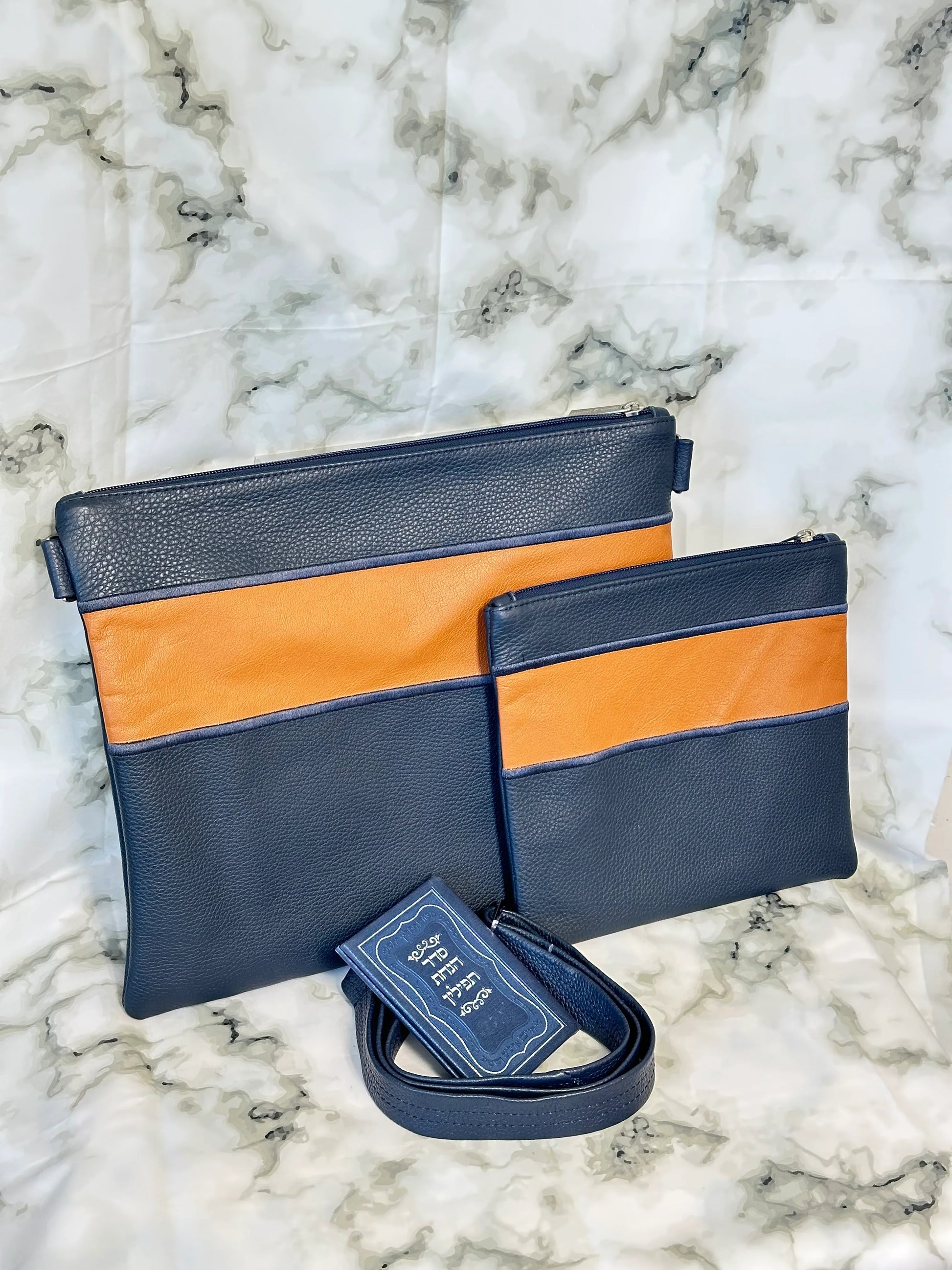 Tallit and Tefillin Bag Set - Genuine Leather Blue and Caramel - Orot Judaica