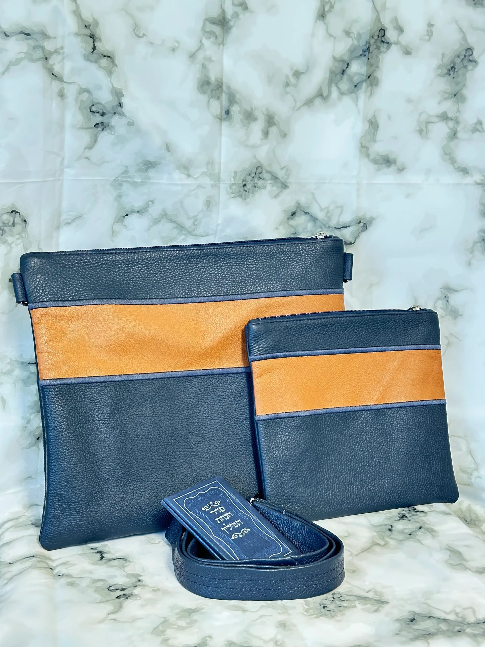 Tallit and Tefillin Bag Set - Genuine Leather Blue and Caramel - Orot Judaica