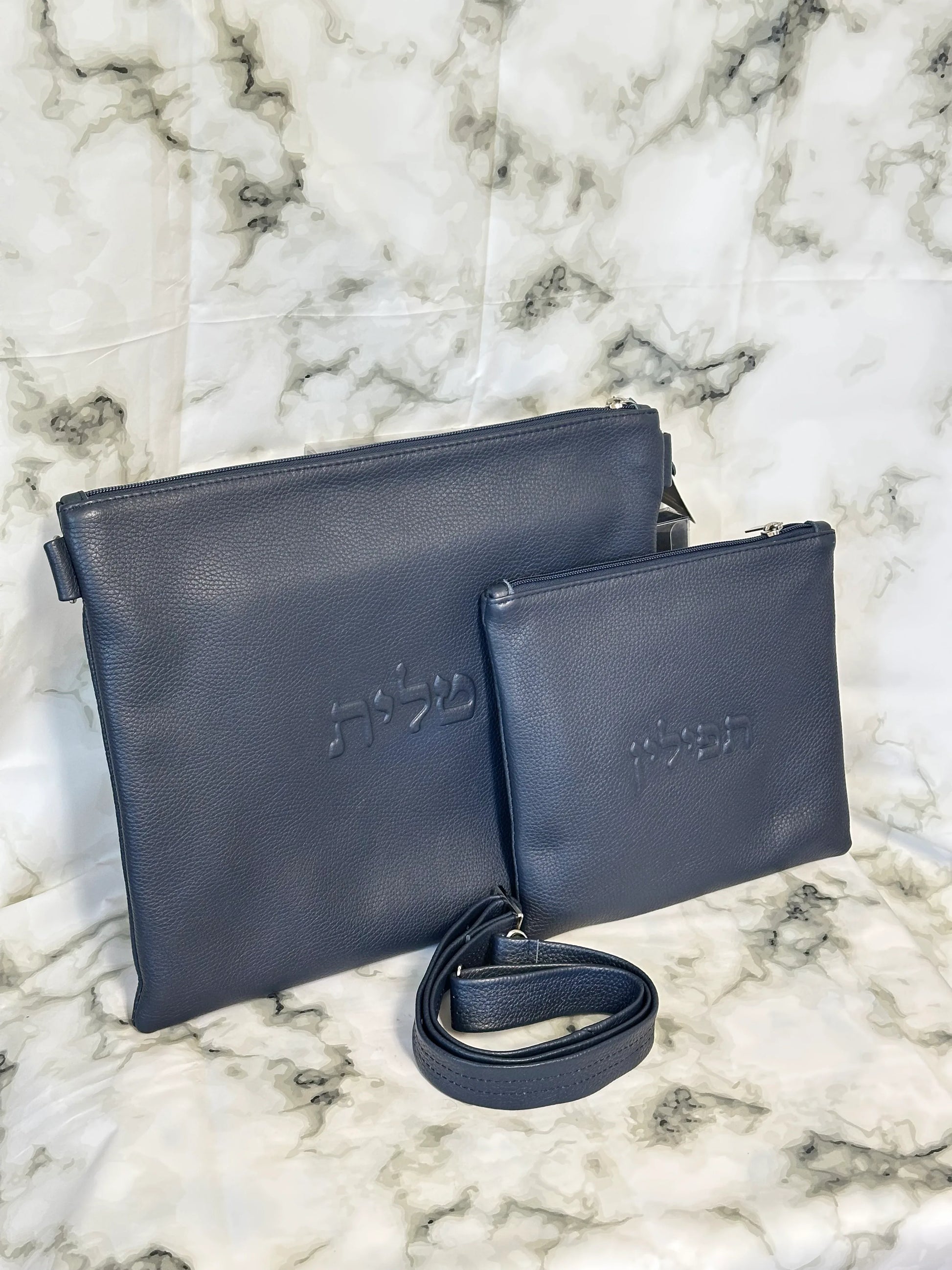 Tallit and Tefillin Bag Set - Genuine Leather Smooth Blue - Orot Judaica