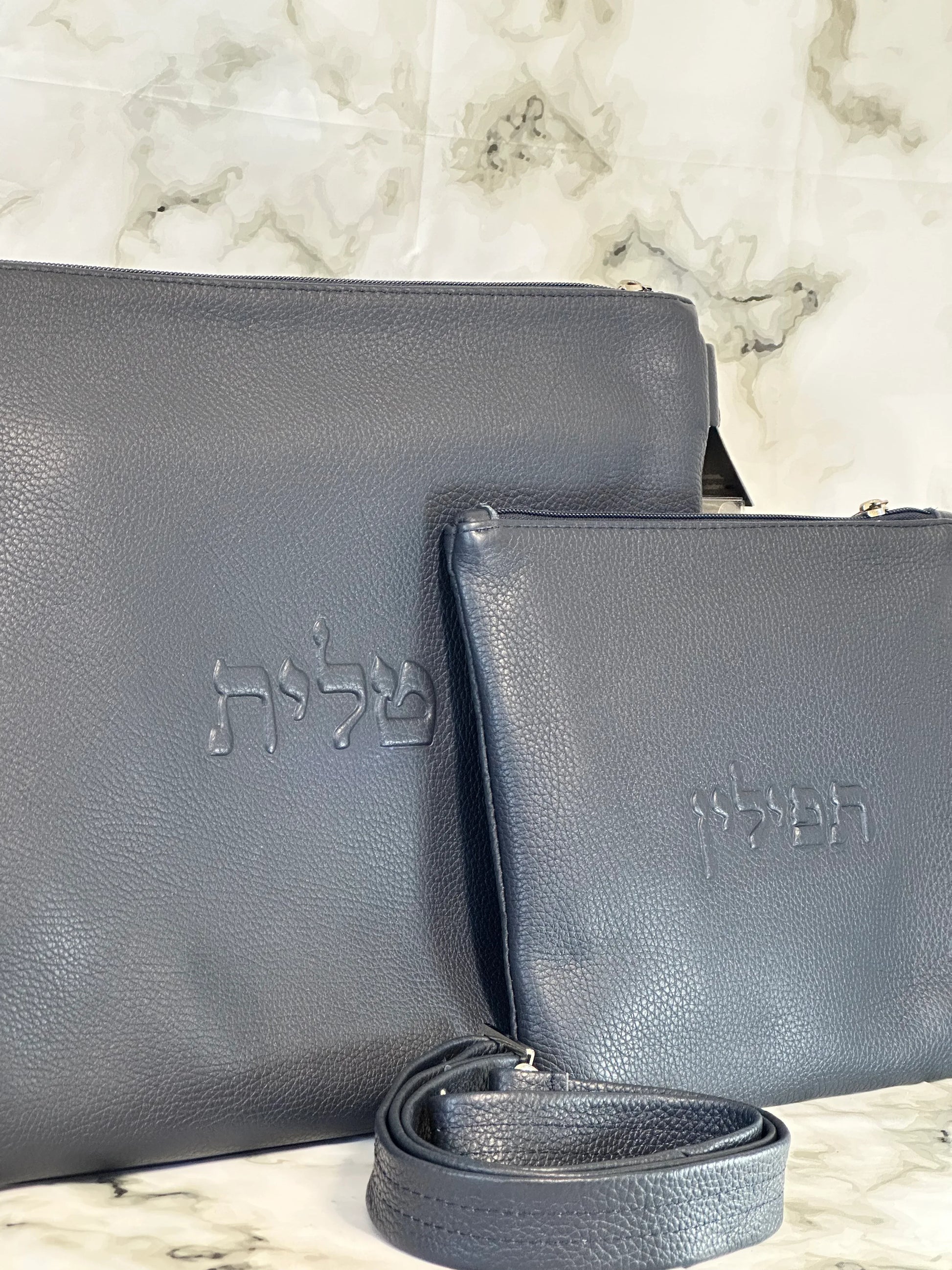 Tallit and Tefillin Bag Set - Genuine Leather Smooth Blue - Orot Judaica