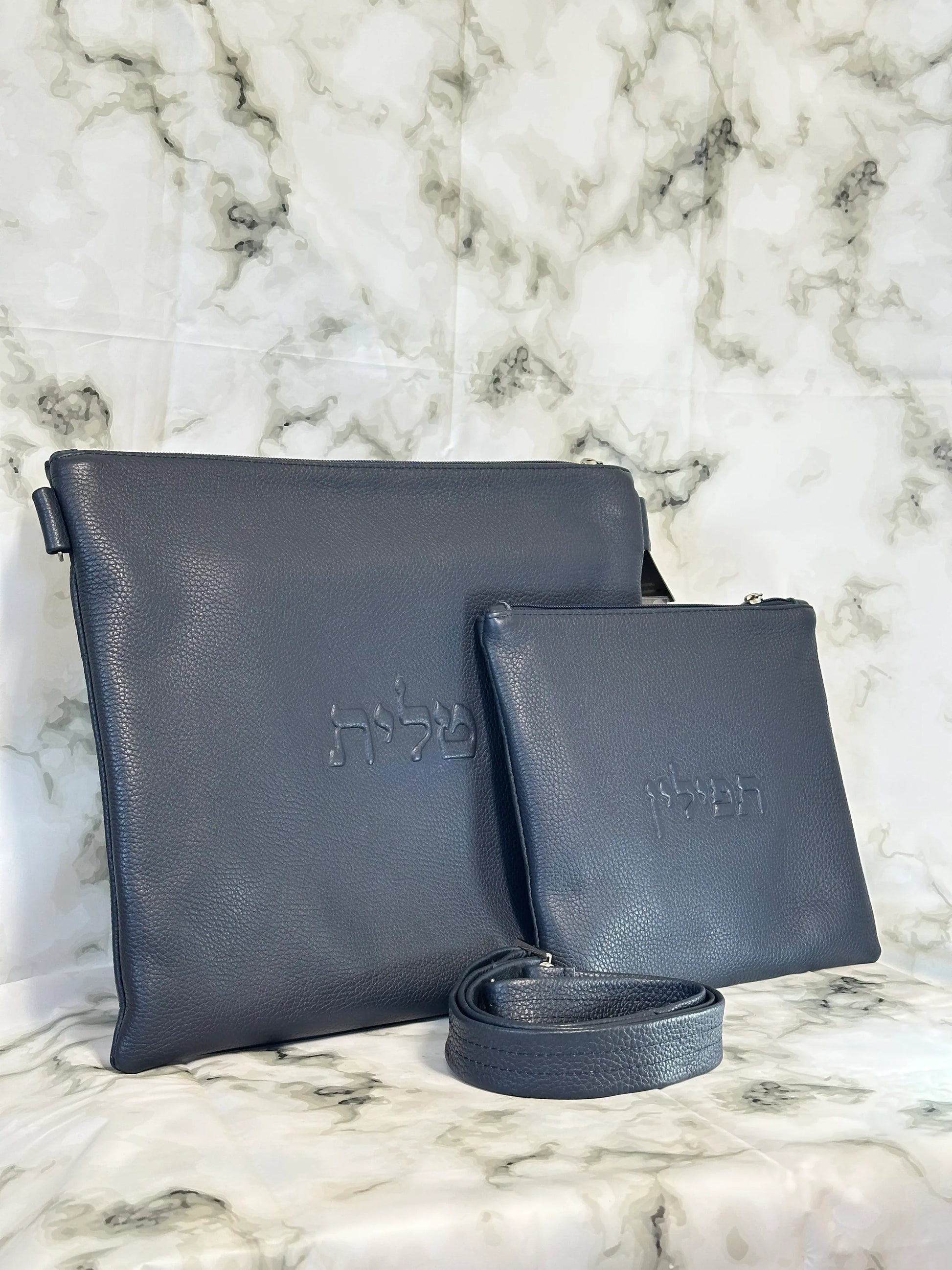 Tallit and Tefillin Bag Set - Genuine Leather Smooth Blue - Orot Judaica