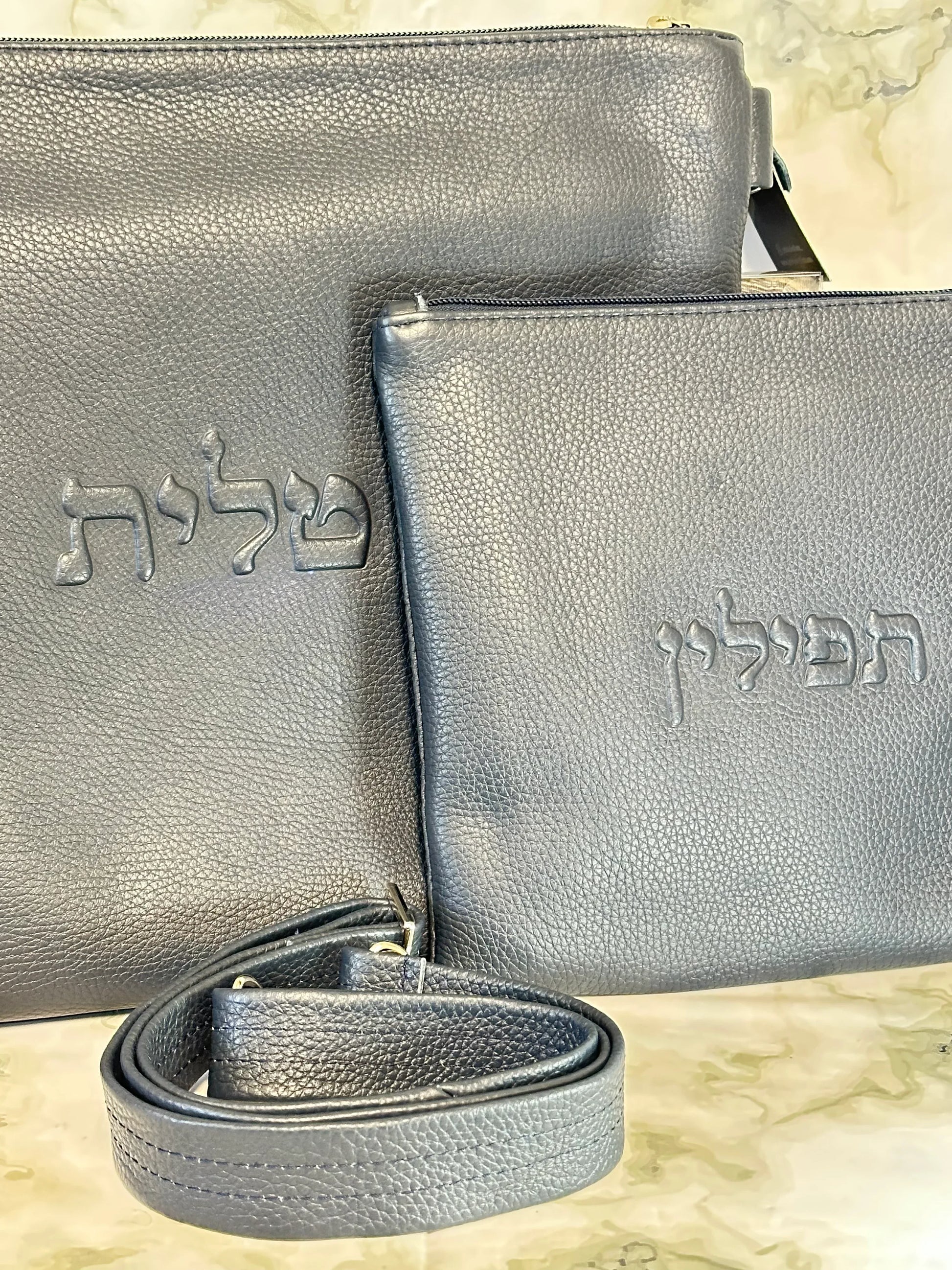 Tallit and Tefillin Bag Set - Genuine Leather Smooth Blue - Orot Judaica
