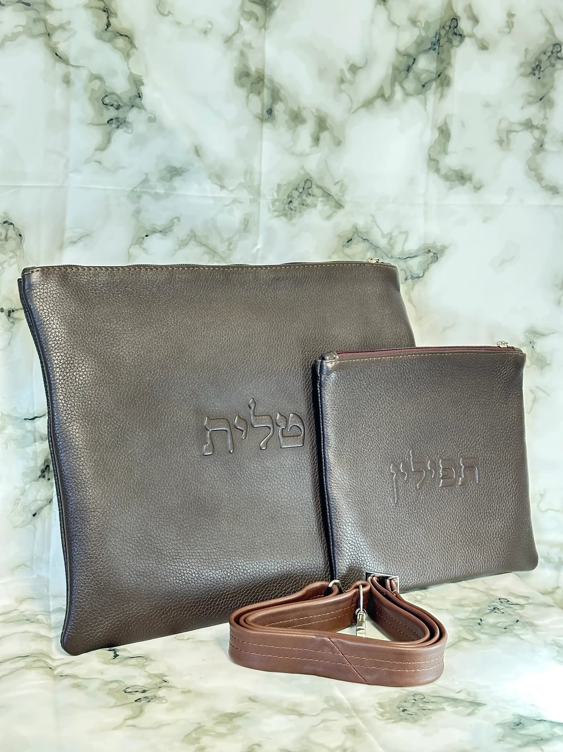 Tallit and Tefillin Bag Set - Genuine Leather Smooth Dark Brown - Orot Judaica