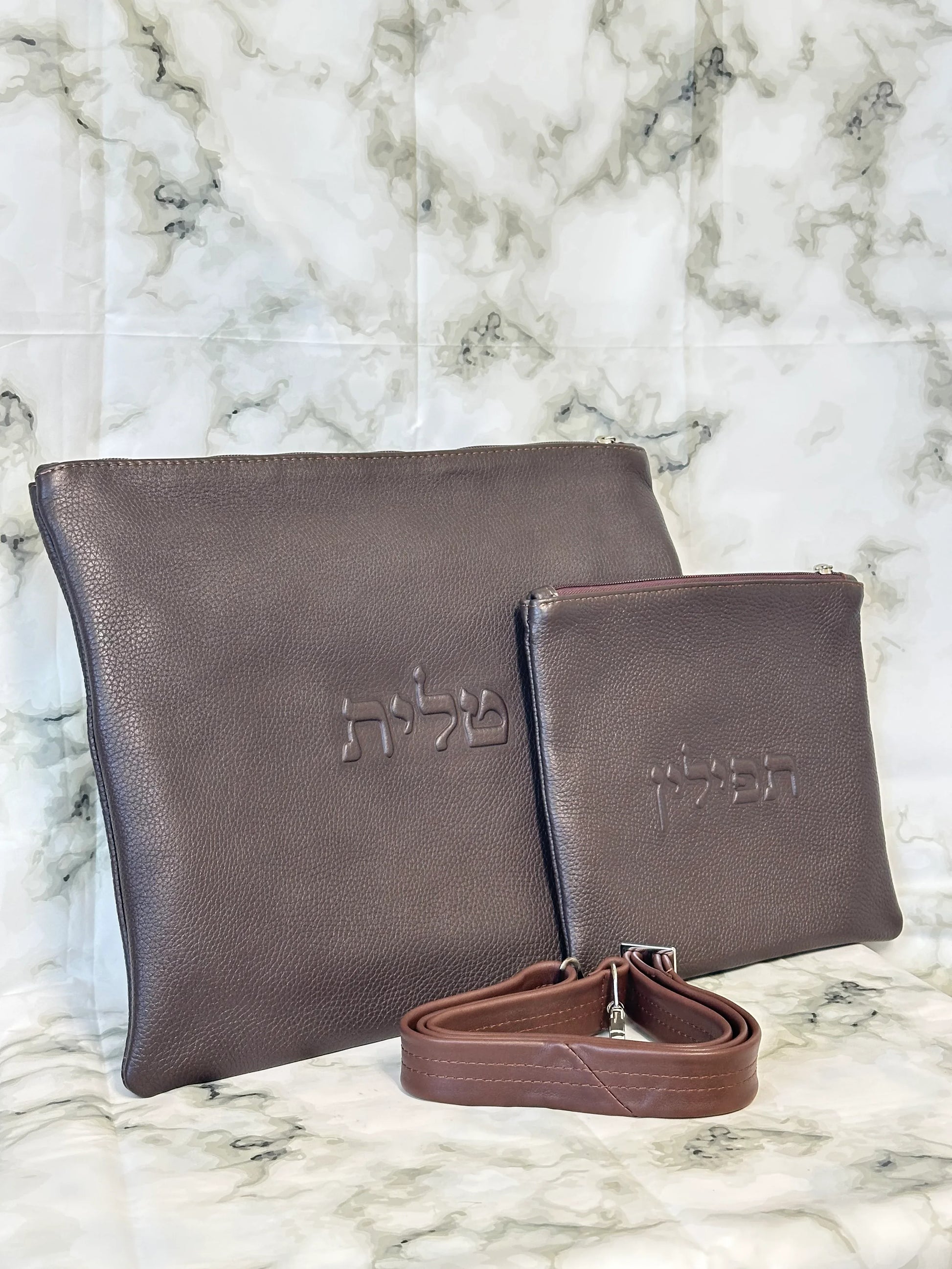 Tallit and Tefillin Bag Set - Genuine Leather Smooth Dark Brown - Orot Judaica