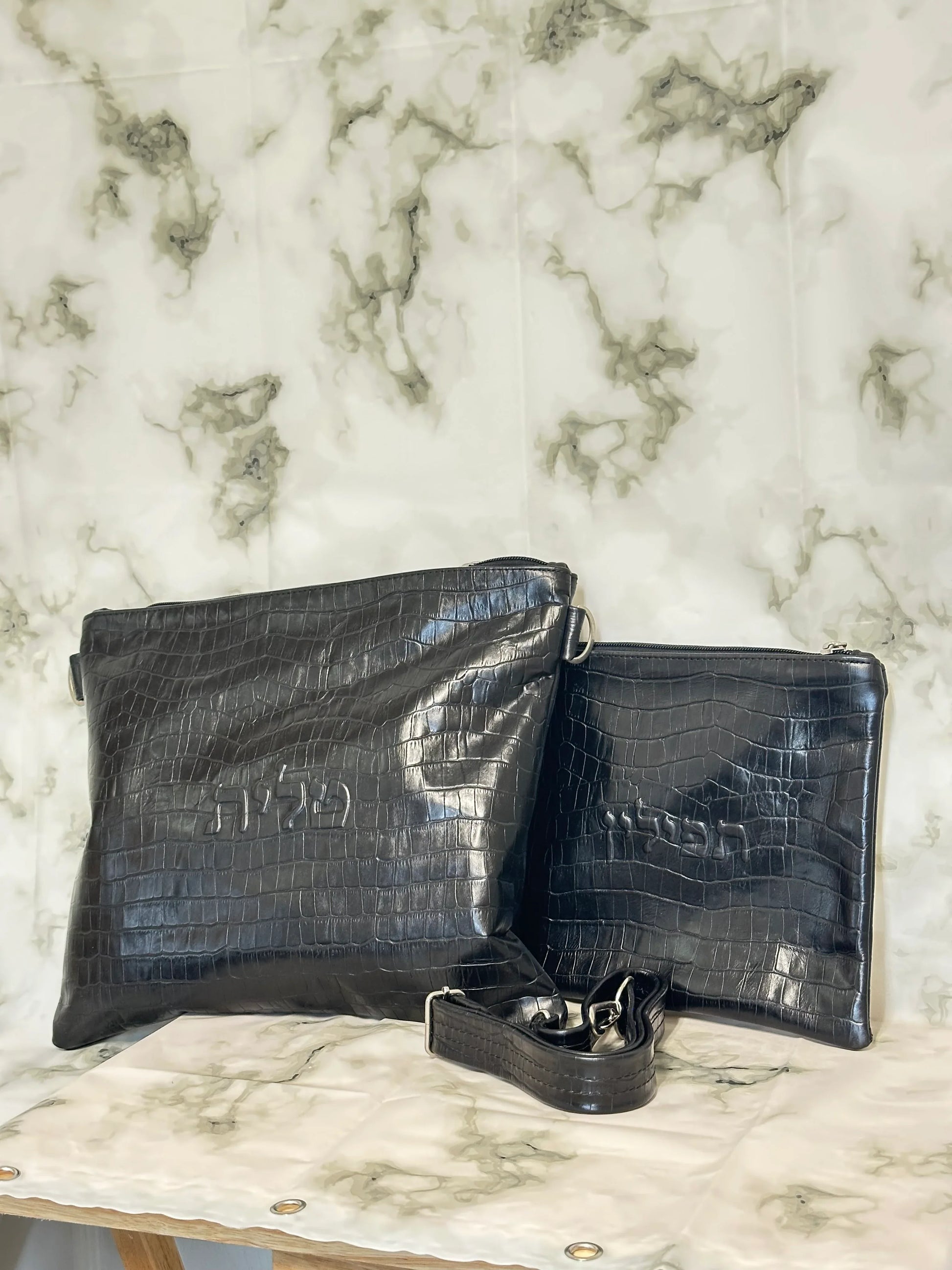 Tallit and Tefillin Bag Set - Genuine Leather Crocodile Embossed Black - Orot Judaica