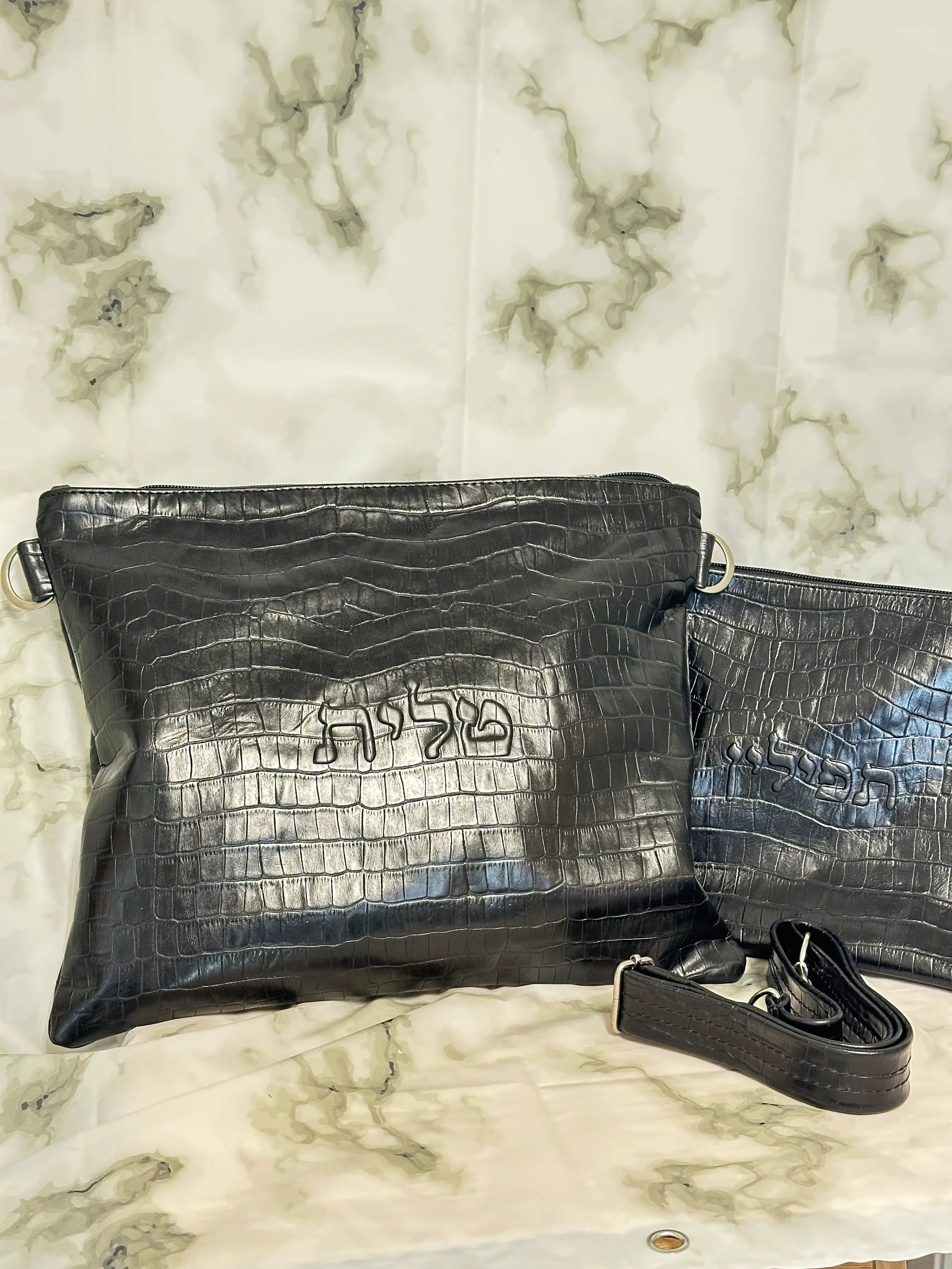 Tallit and Tefillin Bag Set - Genuine Leather Crocodile Embossed Black - Orot Judaica