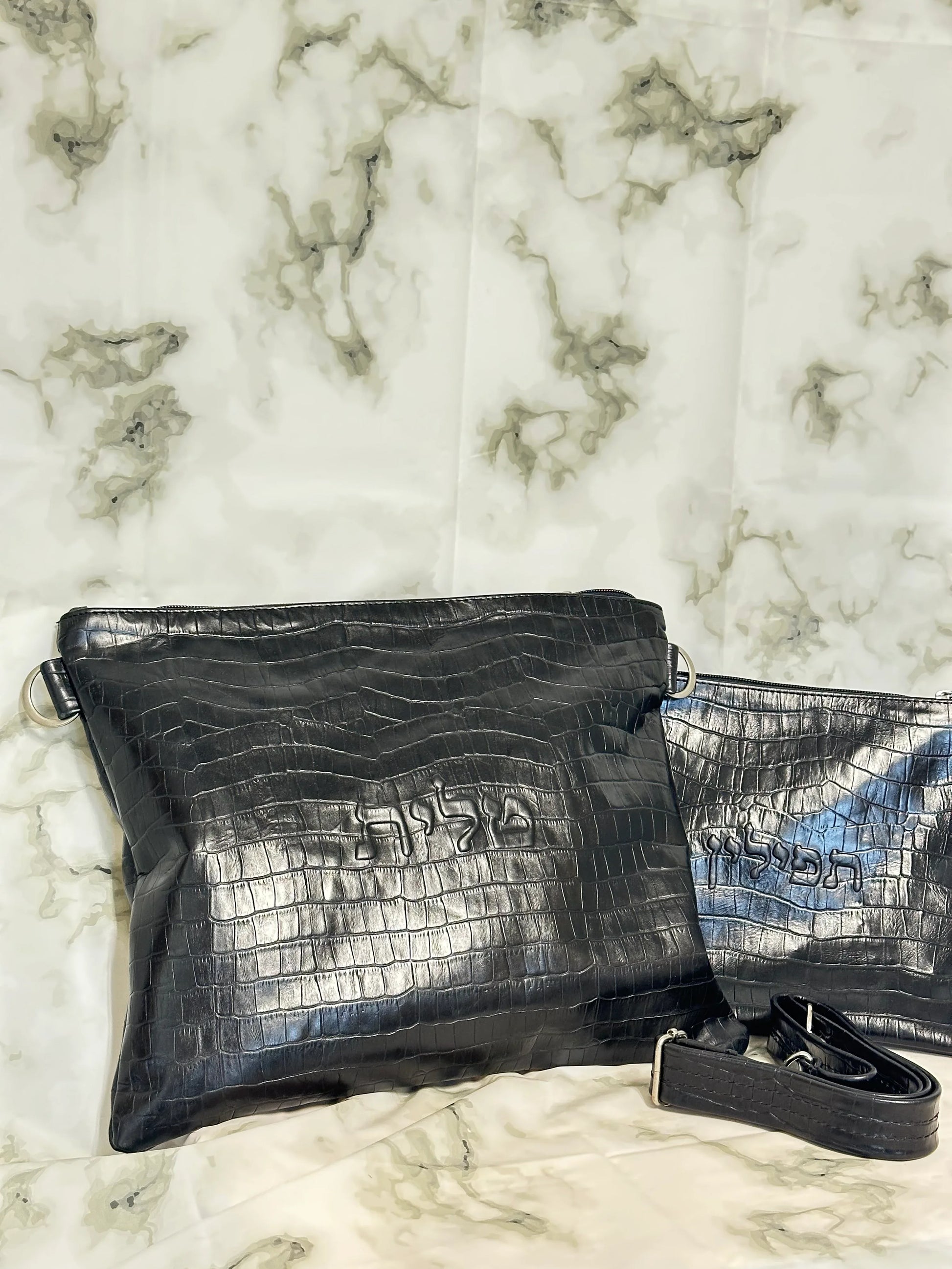 Tallit and Tefillin Bag Set - Genuine Leather Crocodile Embossed Black - Orot Judaica