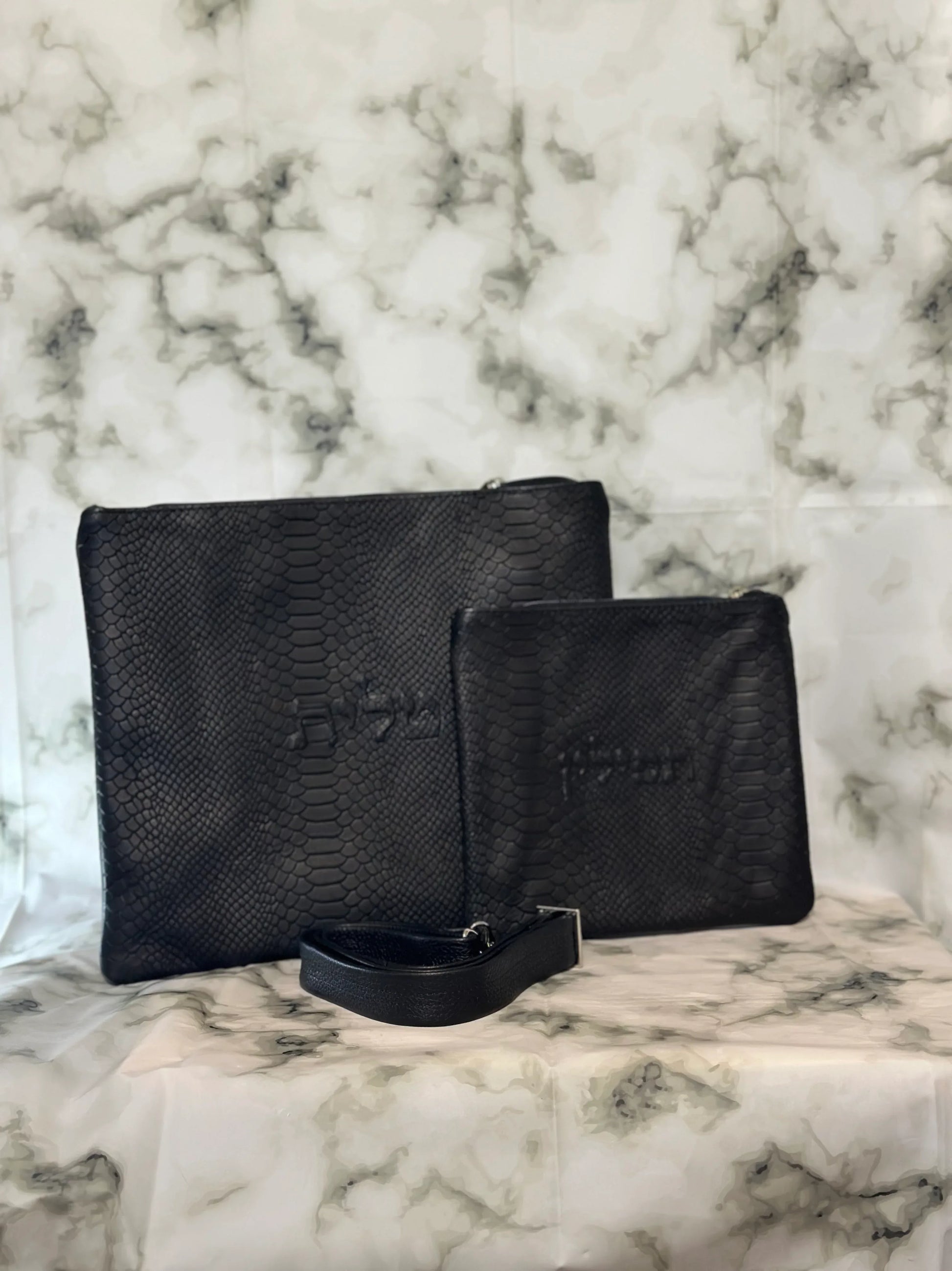Tallit and Tefillin Bag Set - Genuine Leather Python Embossed Black - Orot Judaica