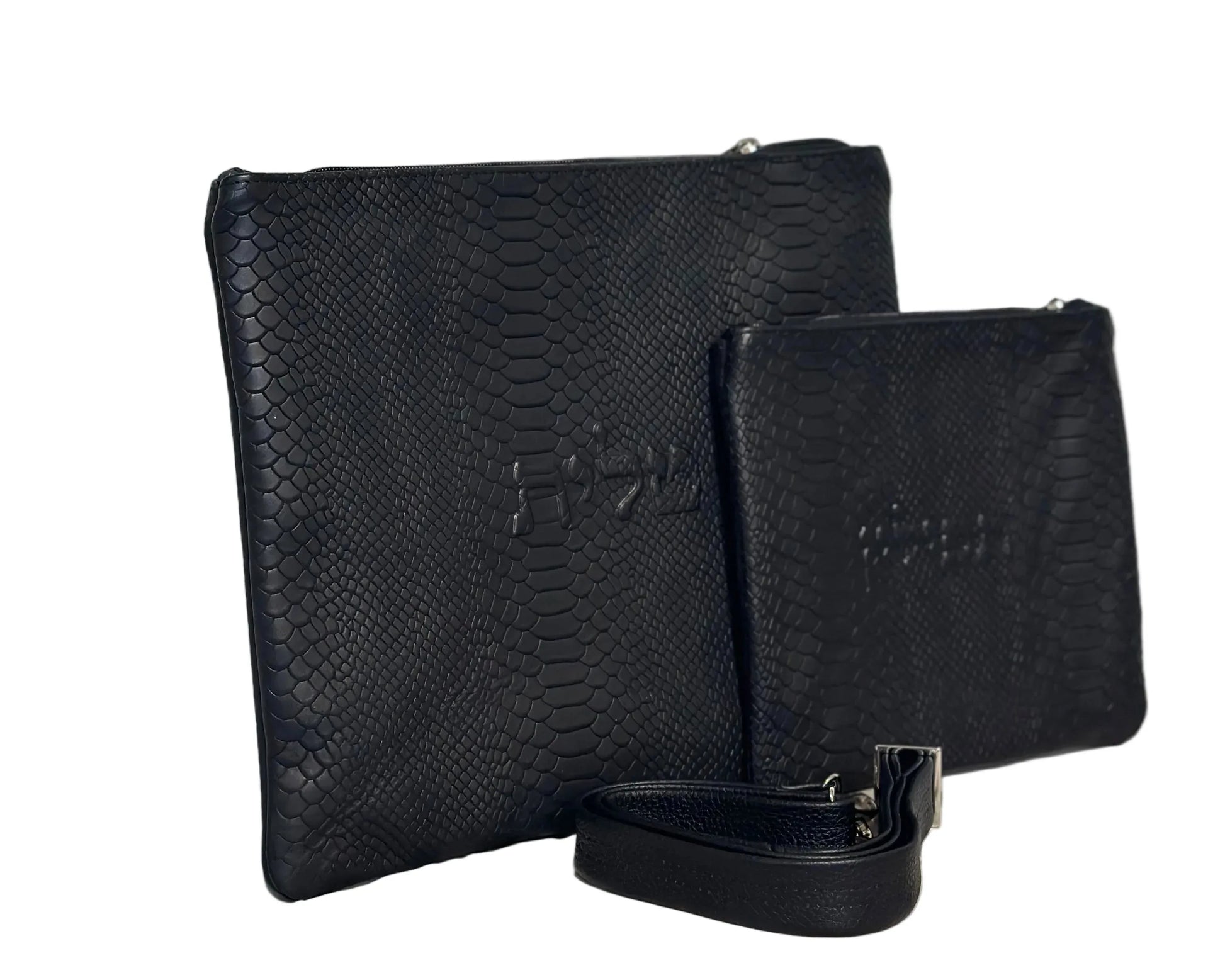 Tallit and Tefillin Bag Set - Genuine Leather Python Embossed Black - Orot Judaica