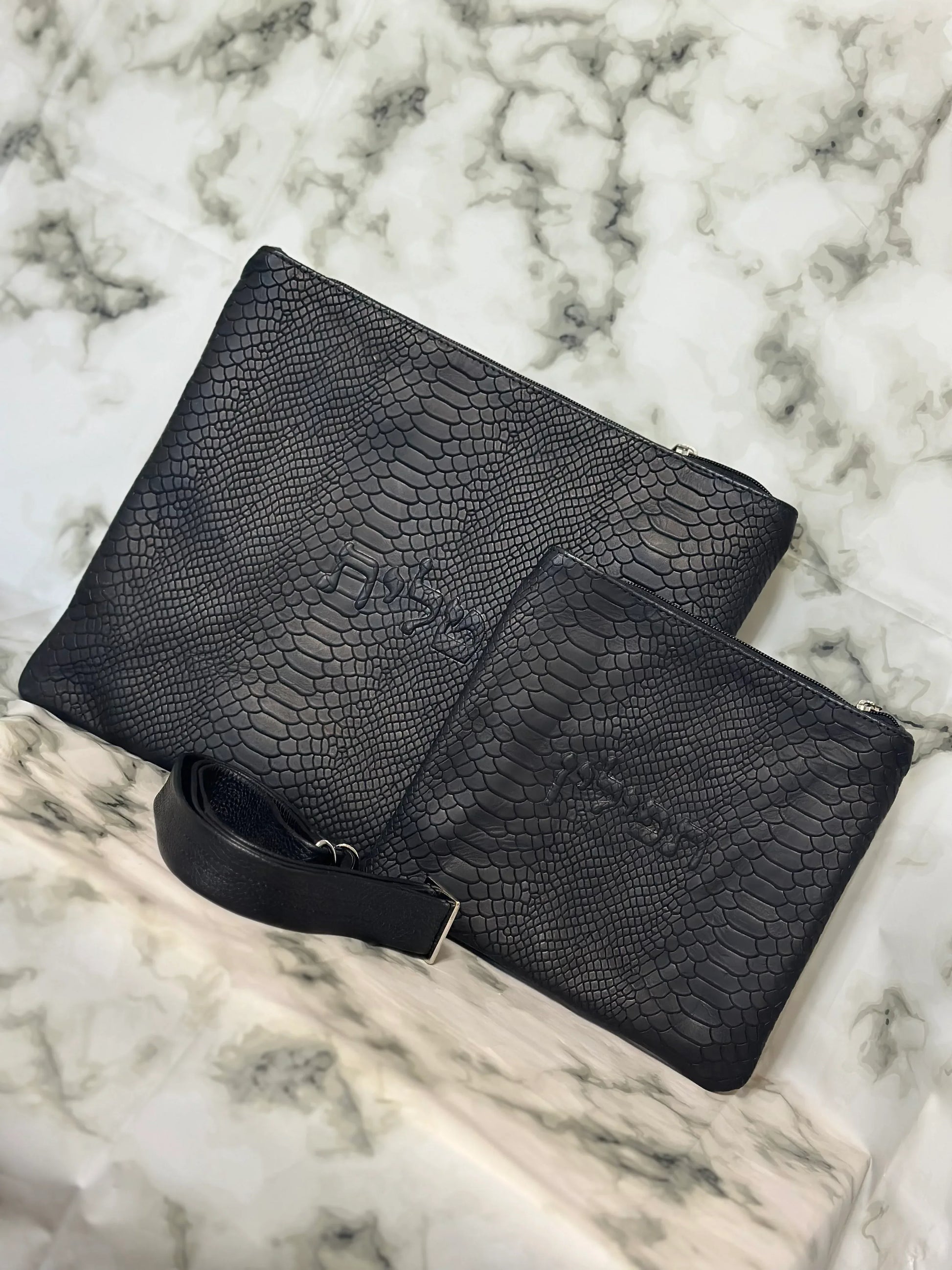 Tallit and Tefillin Bag Set - Genuine Leather Python Embossed Black - Orot Judaica