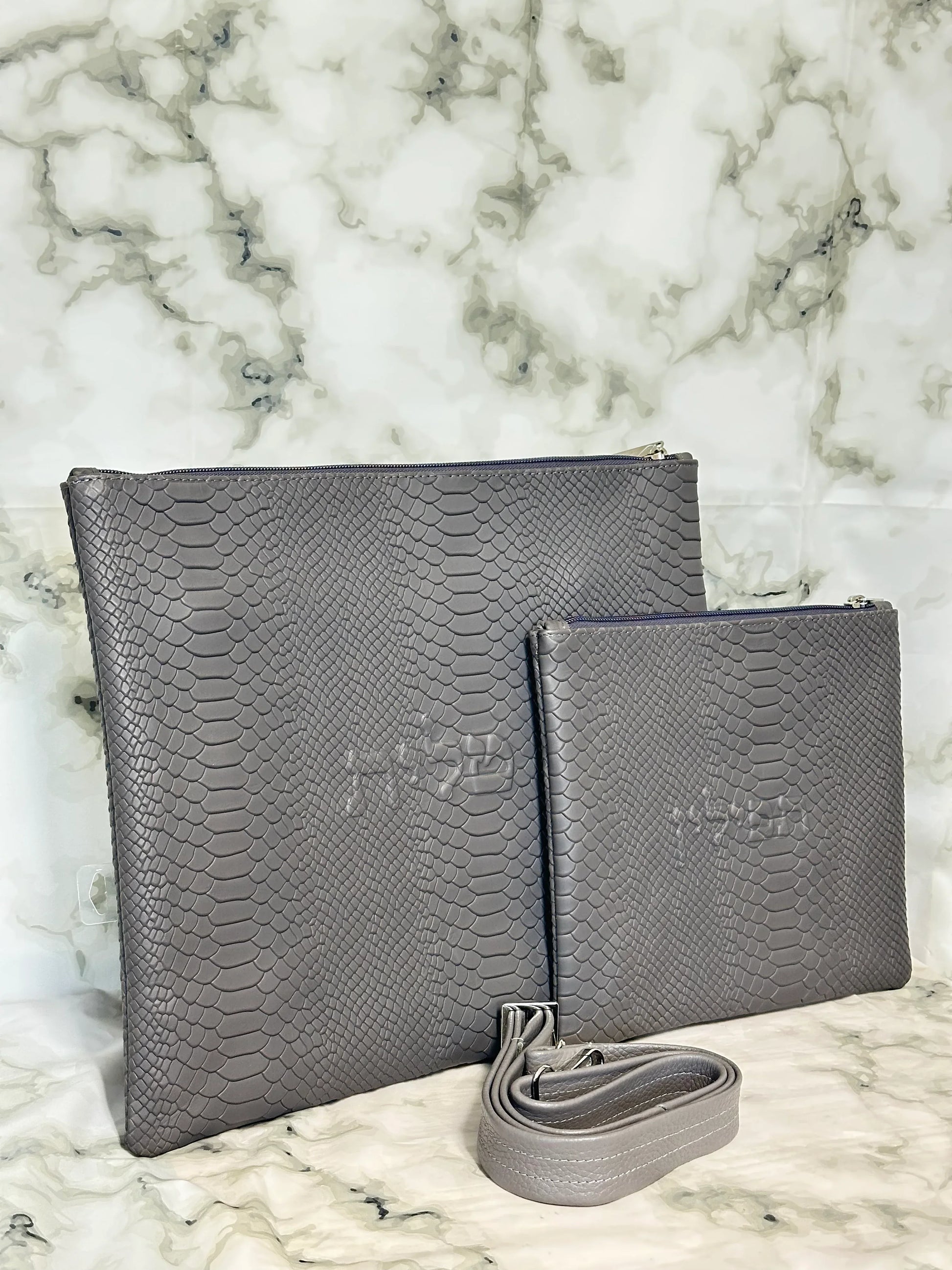 Tallit and Tefillin Bag Set - Genuine Leather Python Embossed Gray - Orot Judaica