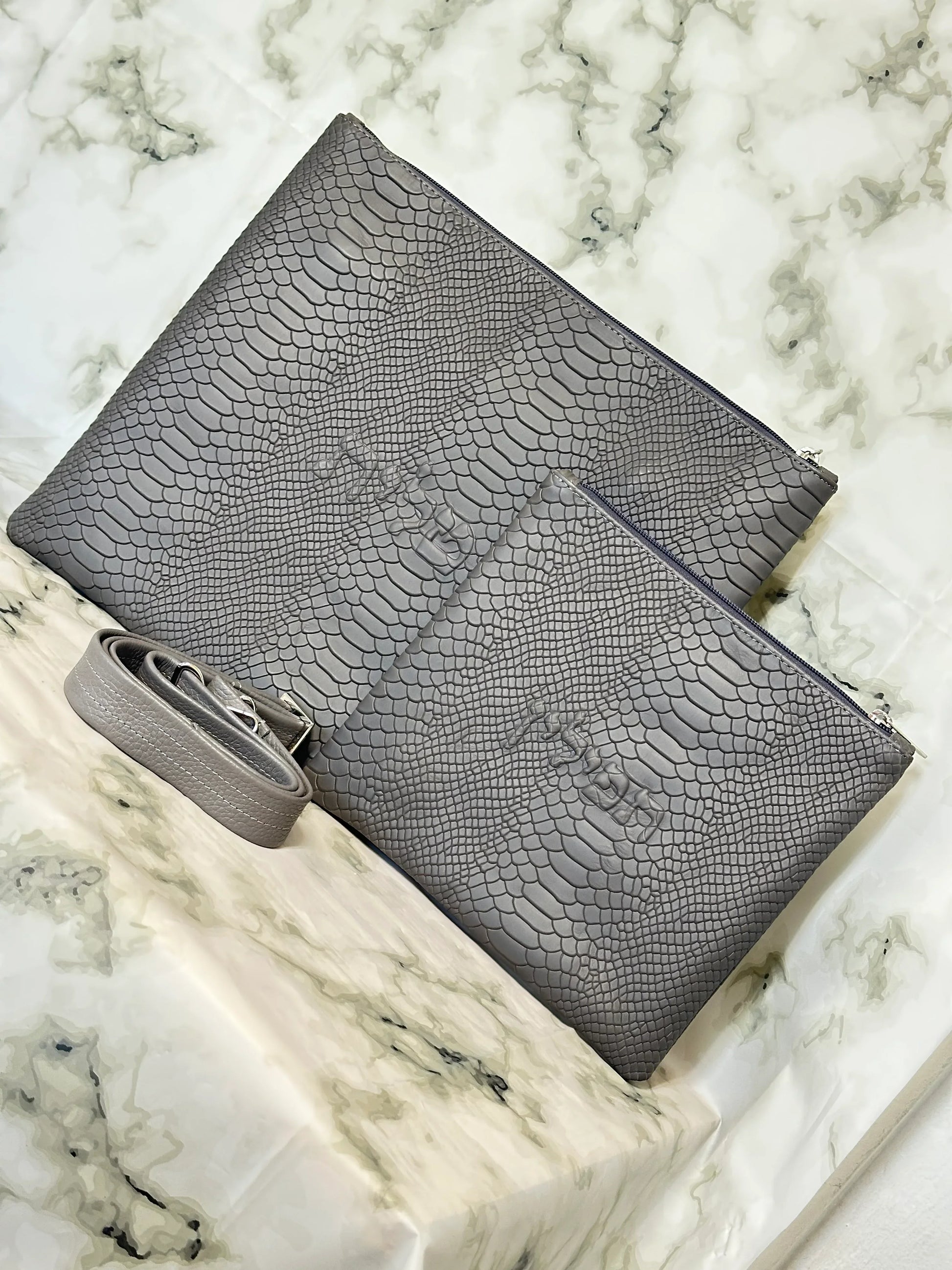 Tallit and Tefillin Bag Set - Genuine Leather Python Embossed Gray - Orot Judaica