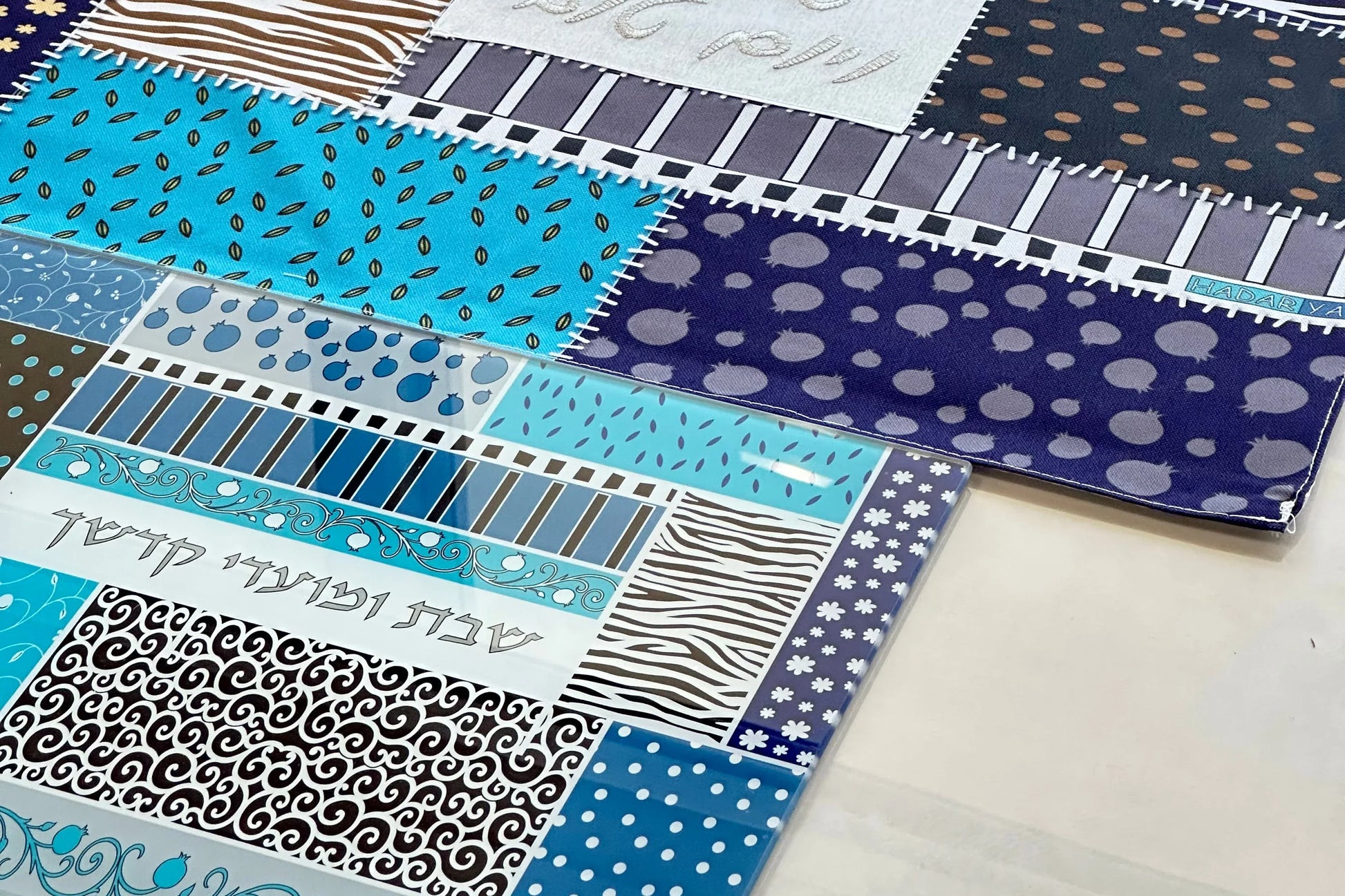 Glass Challah Tray - Patchwork Blue - Orot Judaica