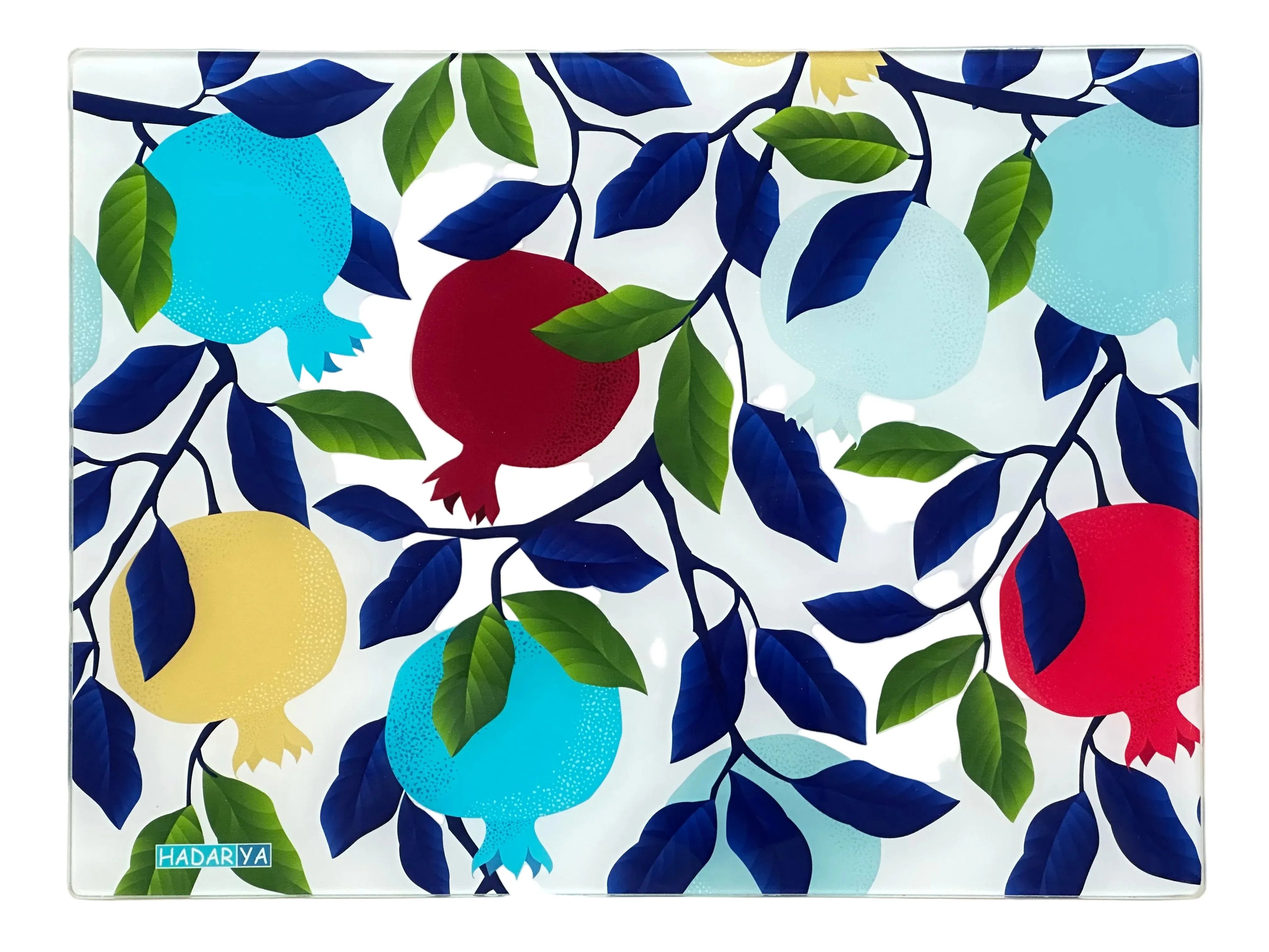 Tempered Glass Challah Tray with Colorful Pomegranates - Orot Judaica