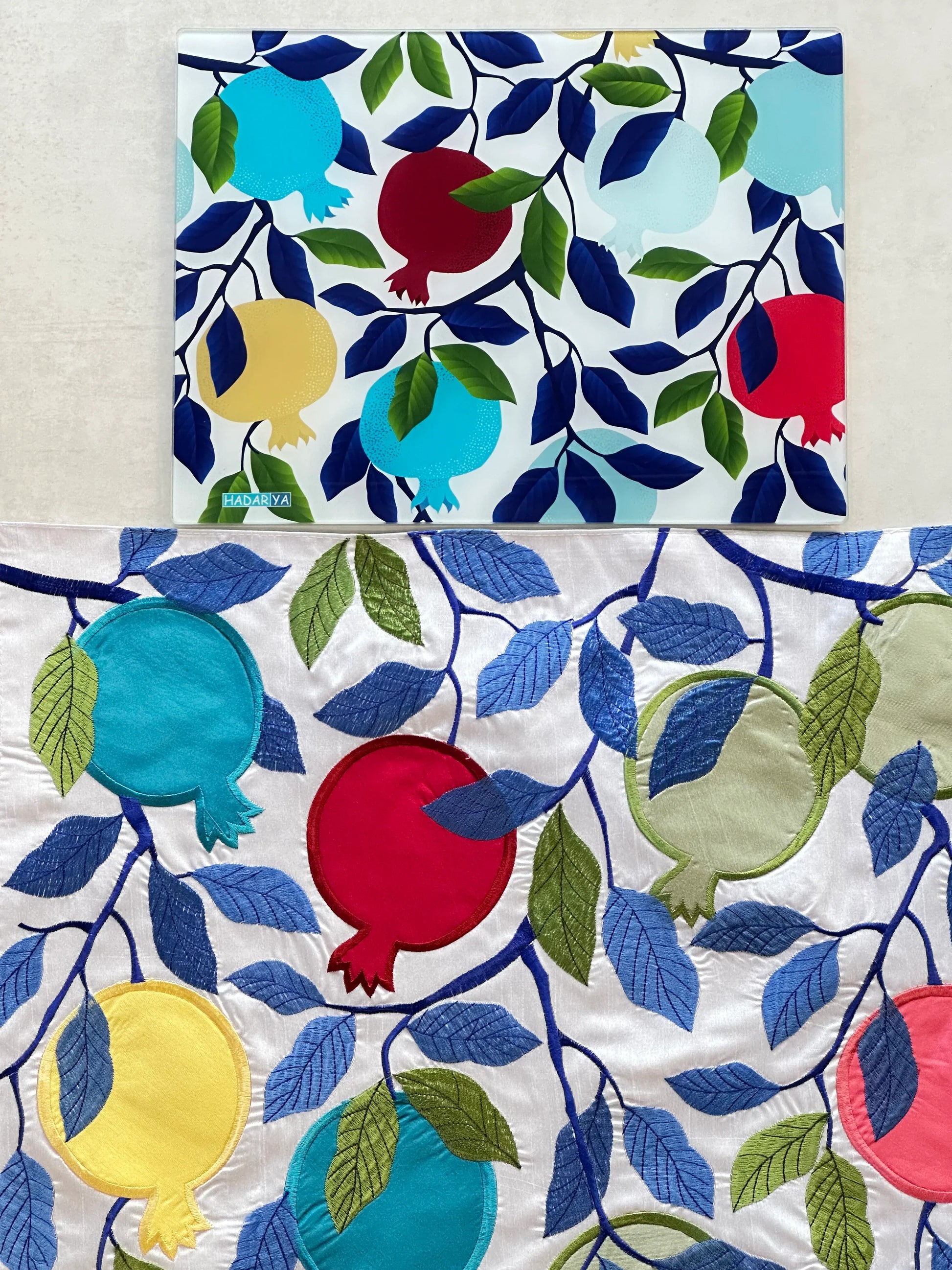 Tempered Glass Challah Tray with Colorful Pomegranates - Orot Judaica