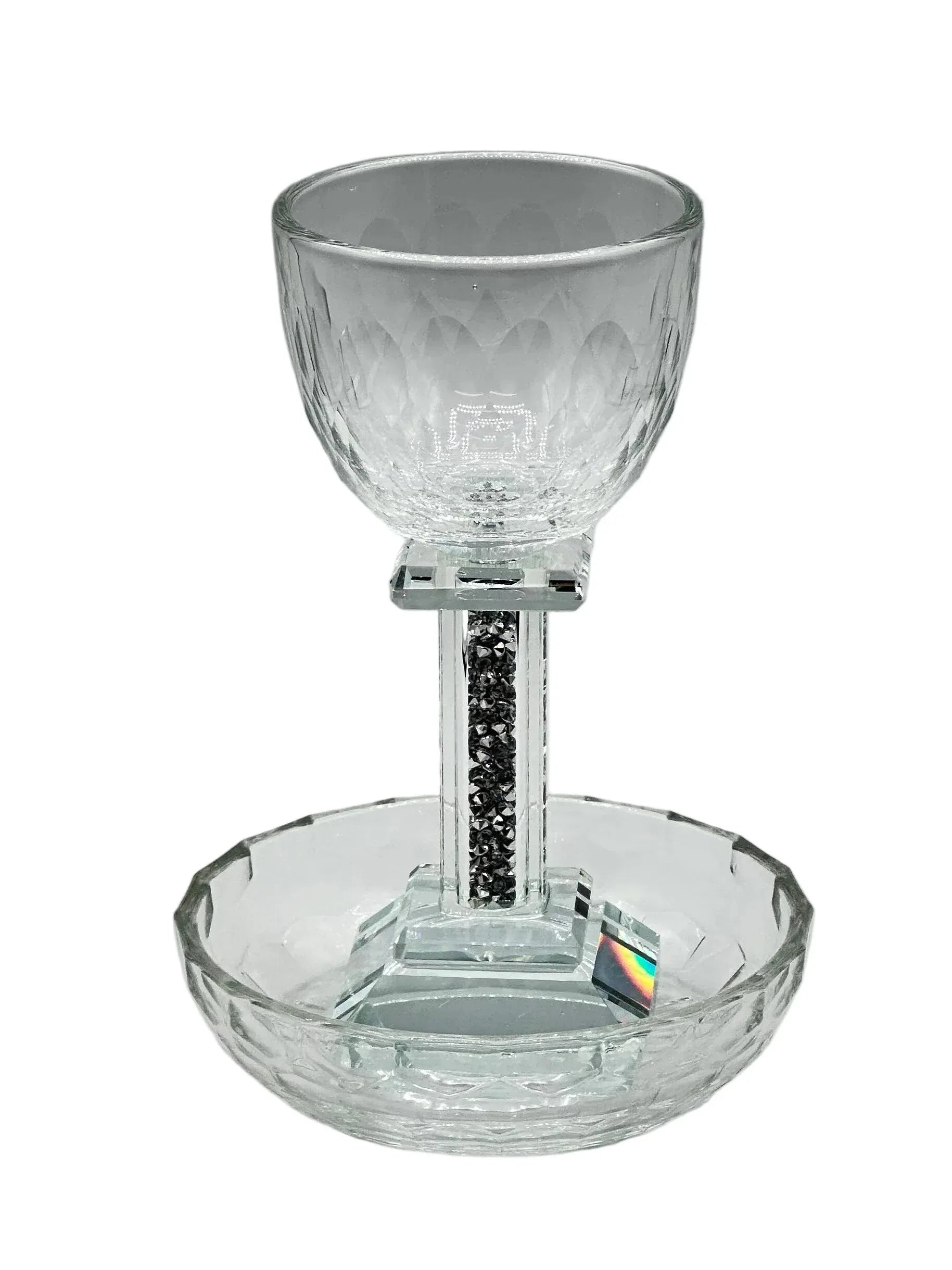 Crystal Kiddush Cup with Square Silver-Stone Stem - Includes Matching Saucer - Orot Judaica