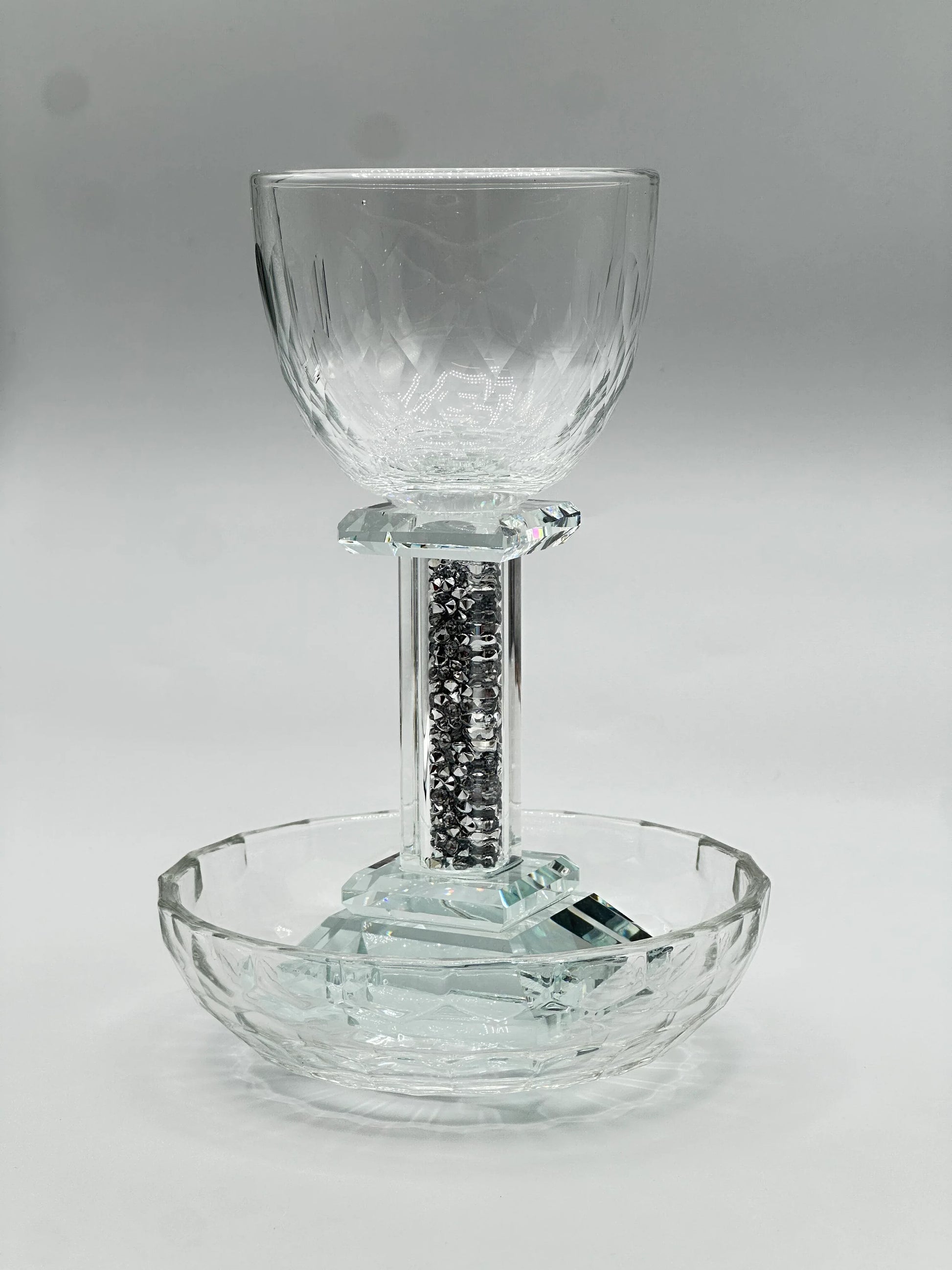 Crystal Kiddush Cup with Square Silver-Stone Stem - Includes Matching Saucer - Orot Judaica